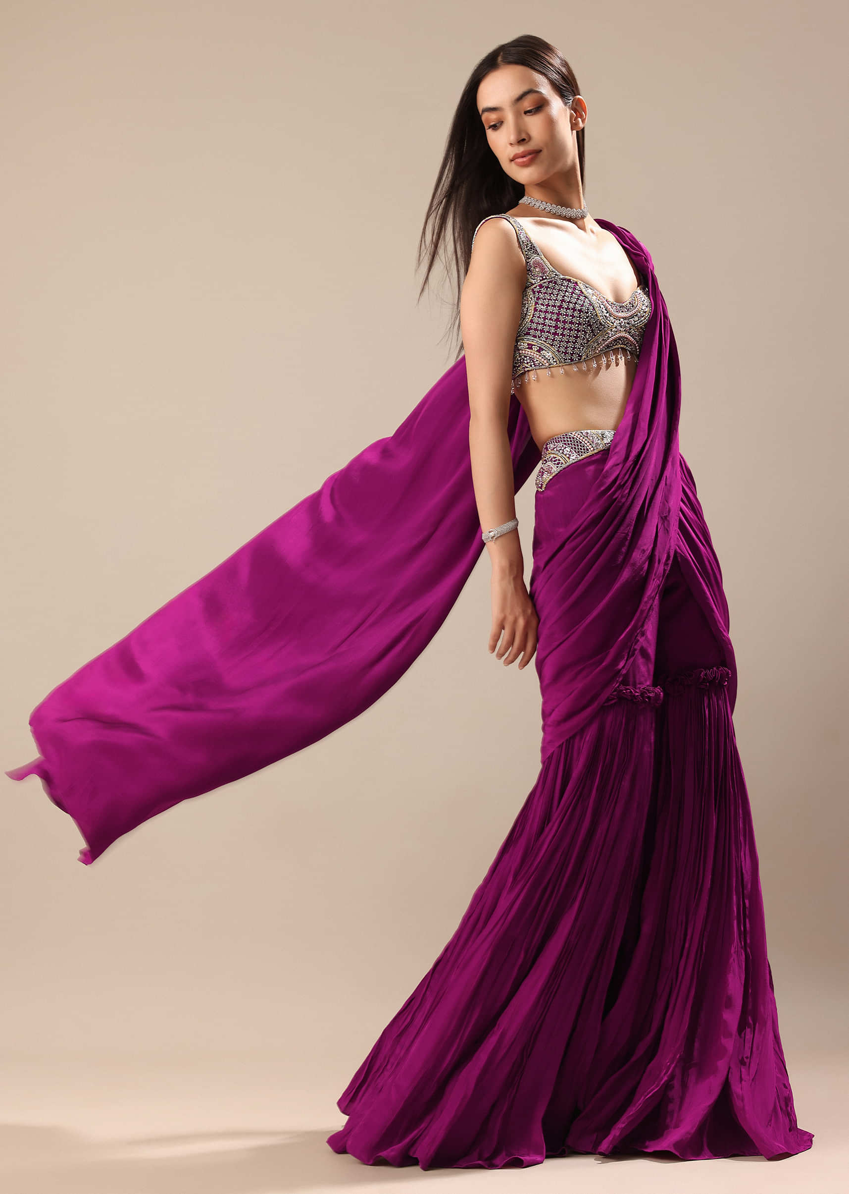 Raspberry Frill Saree With Embroidered Blouse