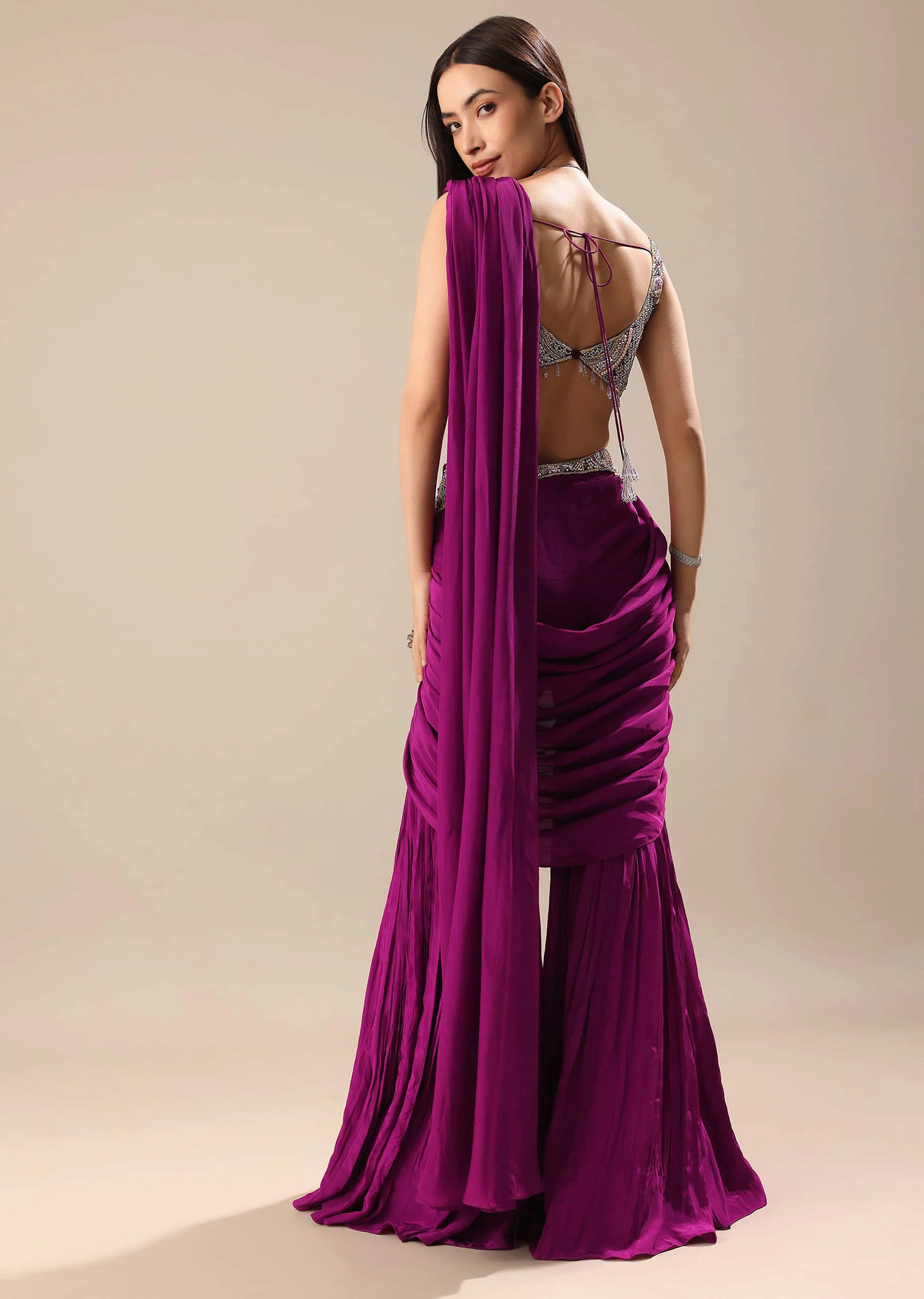 Raspberry Frill Saree With Embroidered Blouse - Image 5