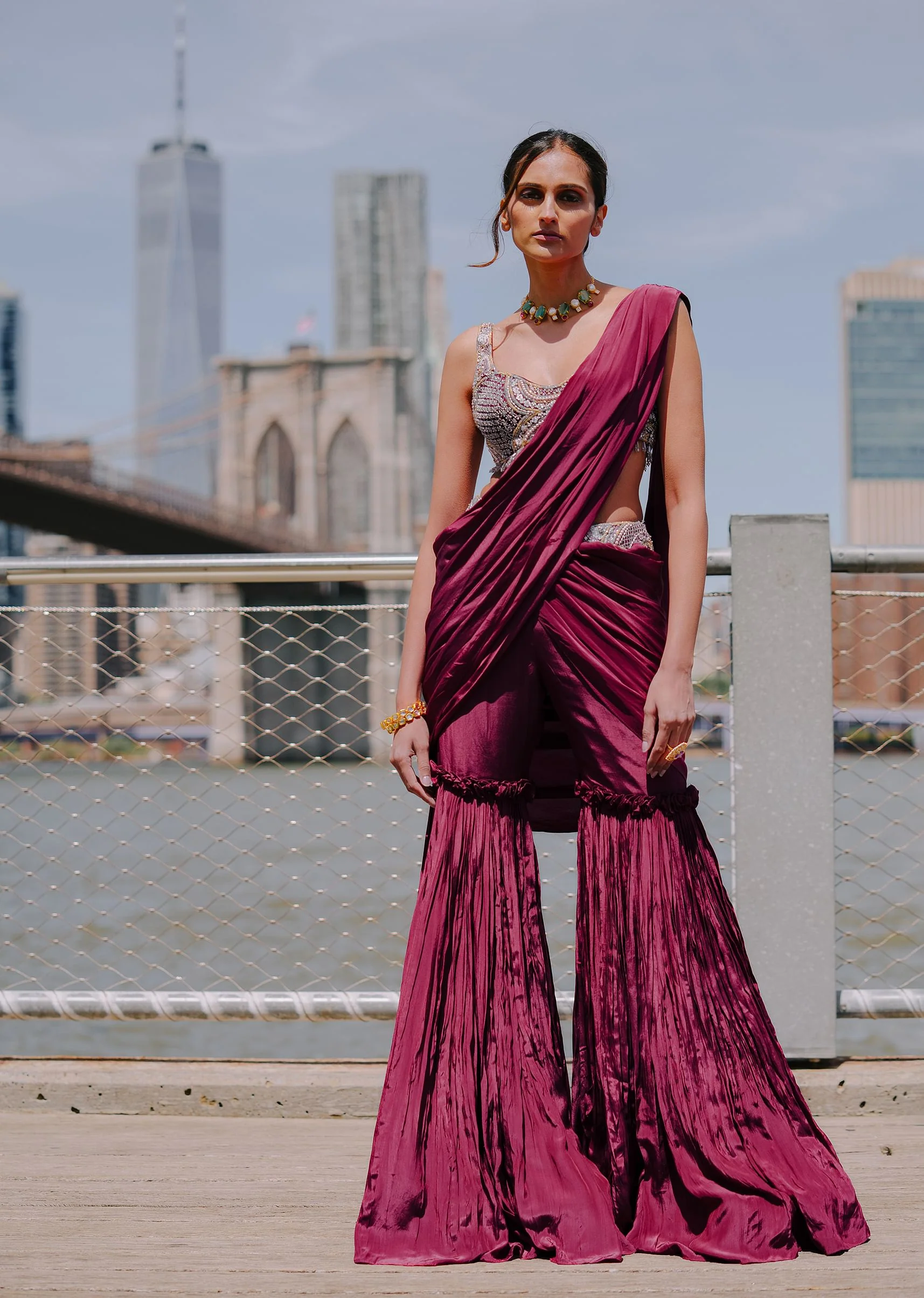 Raspberry Frill Saree With Embroidered Blouse - Image 6