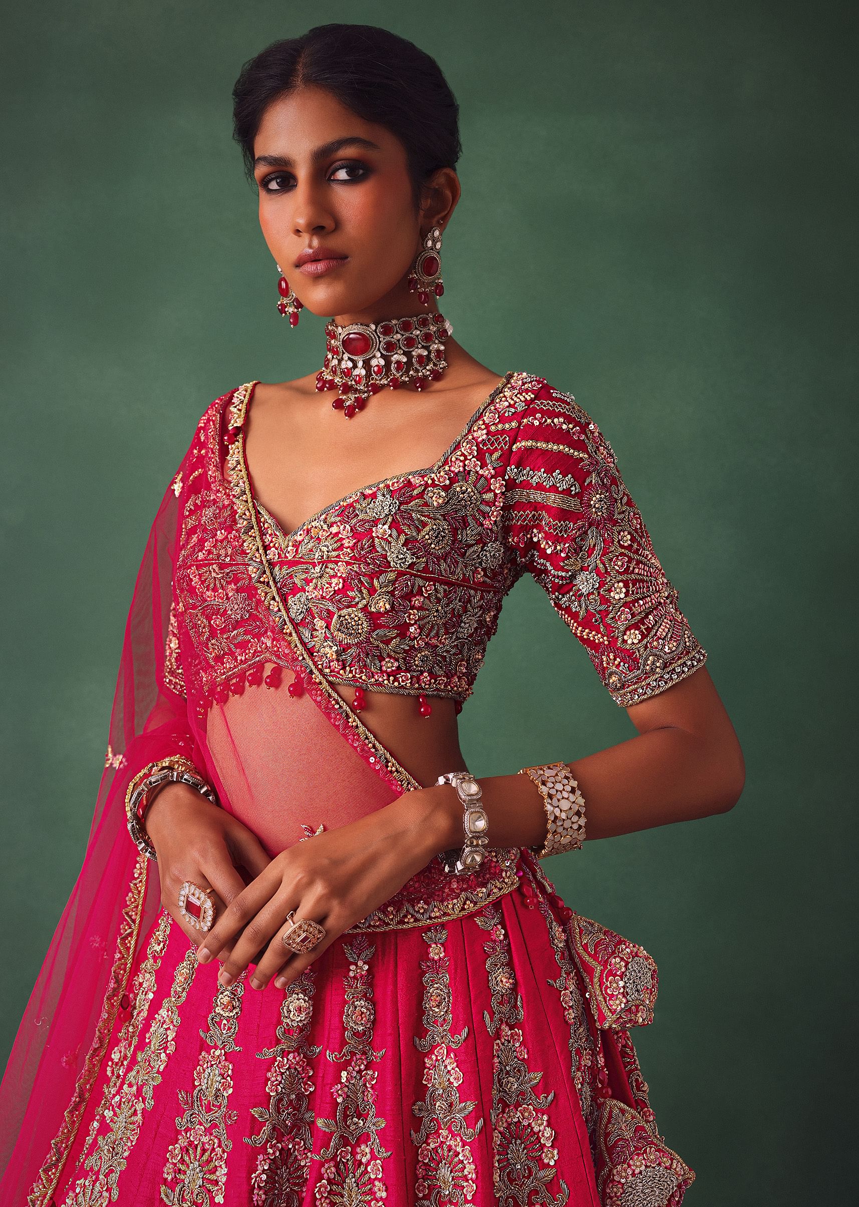 Raw Silk Red Bridal Lehenga With Embroidered Blouse And Scallop Dupatta - Image 5