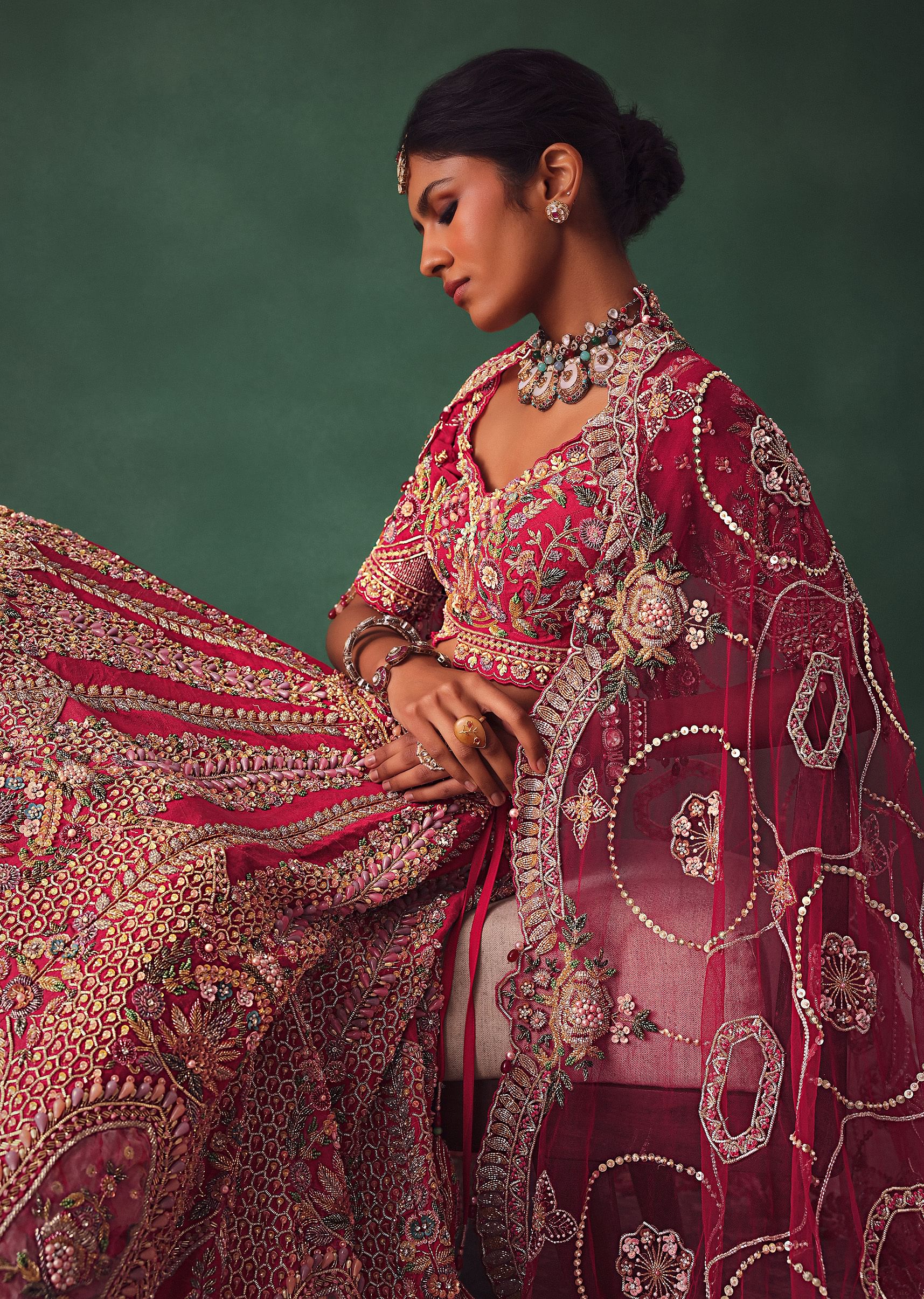 Raw Silk Red Bridal Lehenga With Embroidered Blouse And Scallop Dupatta - Image 7