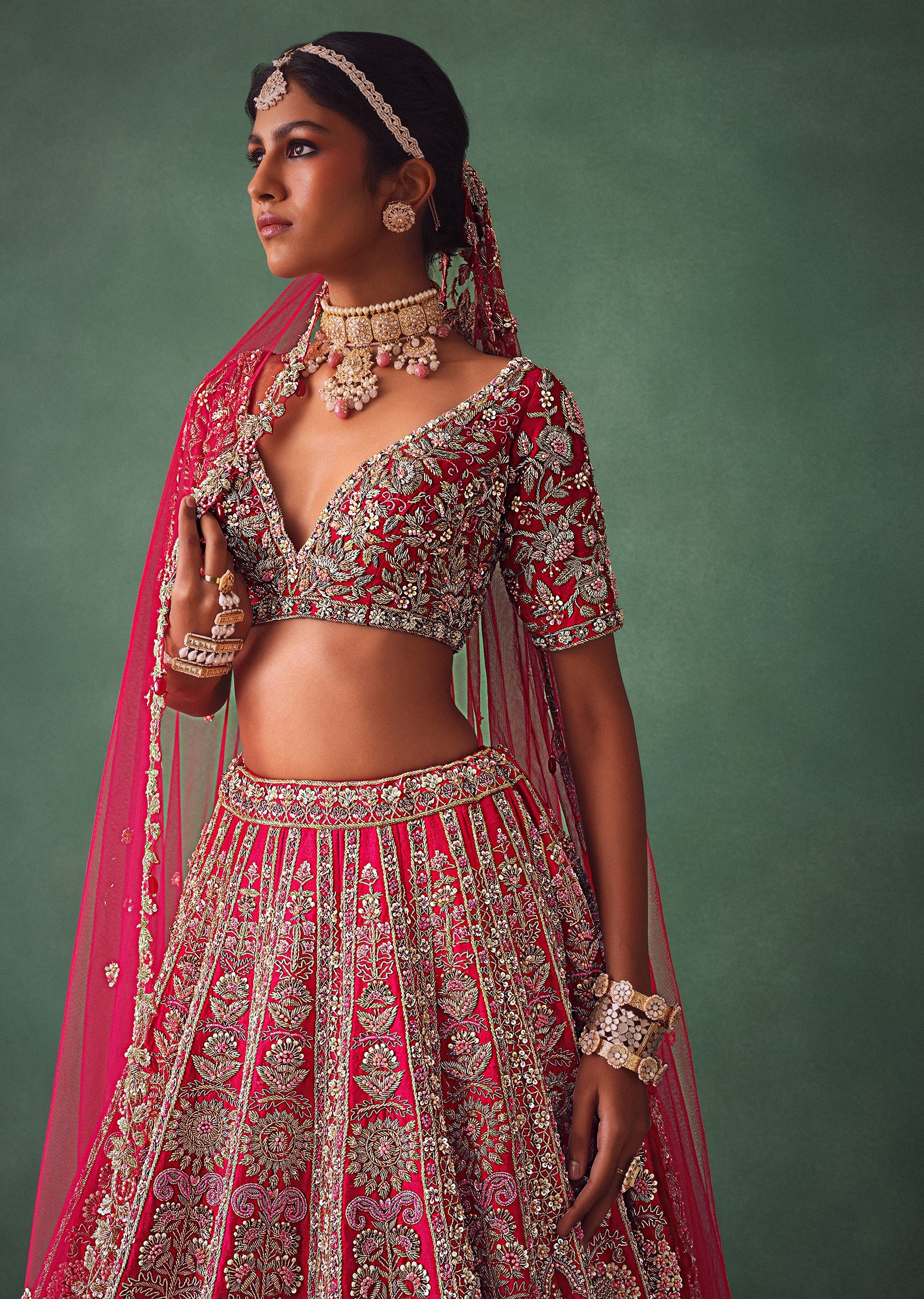 Raw Silk Red Bridal Lehenga With Scallop Dupatta - Image 2