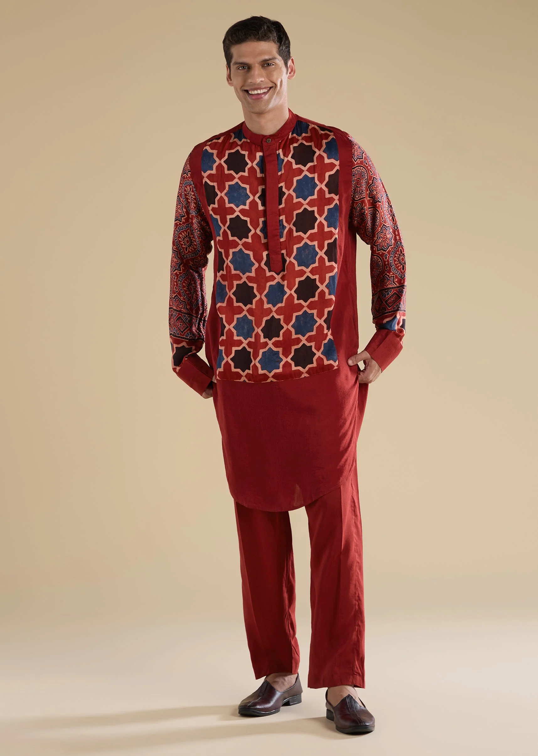 Red Ajrakh Printed Kurta Set - Image 3