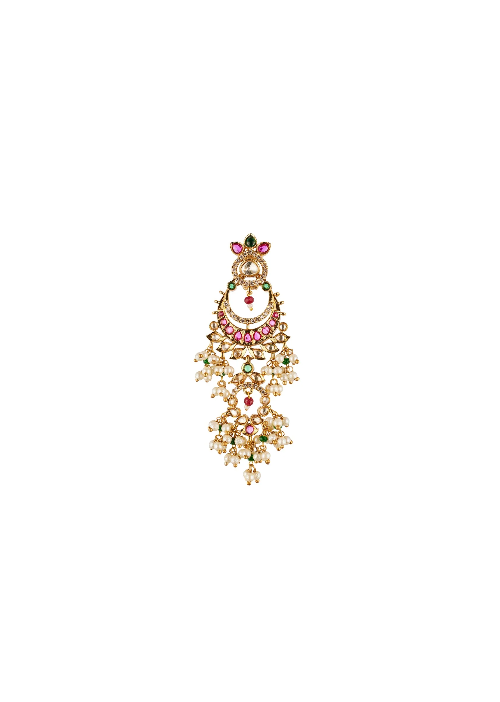 Red and Gold raditional Kundan Polki Chandbali Earrings with Faux Pearls - Image 2