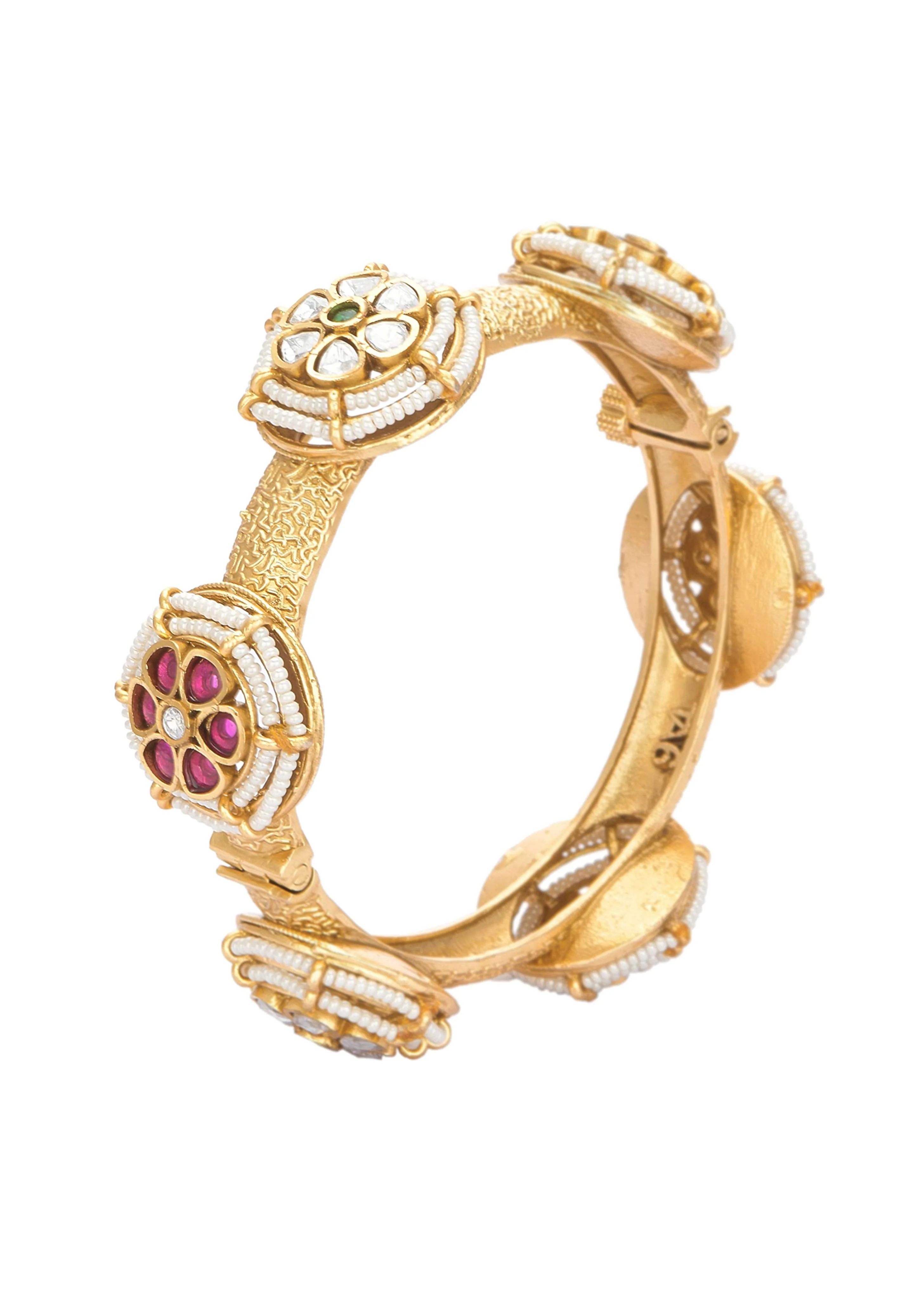 Red And Gold Rajwadi Style Kada Bangle With Kundan Stones - Image 2