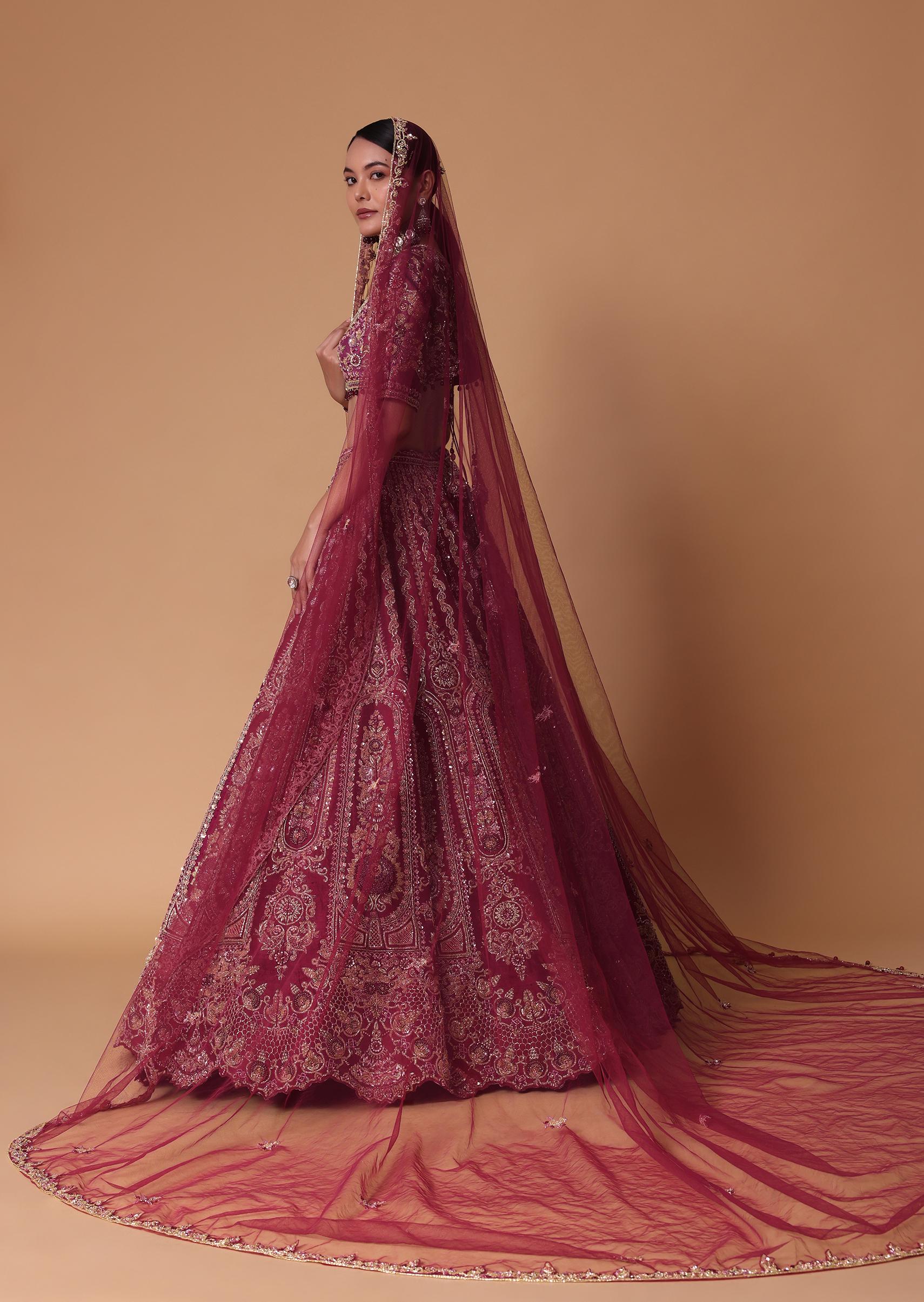 Red Raw Silk Lehenga Set With Cutout Back Velvet Blouse - Image 8