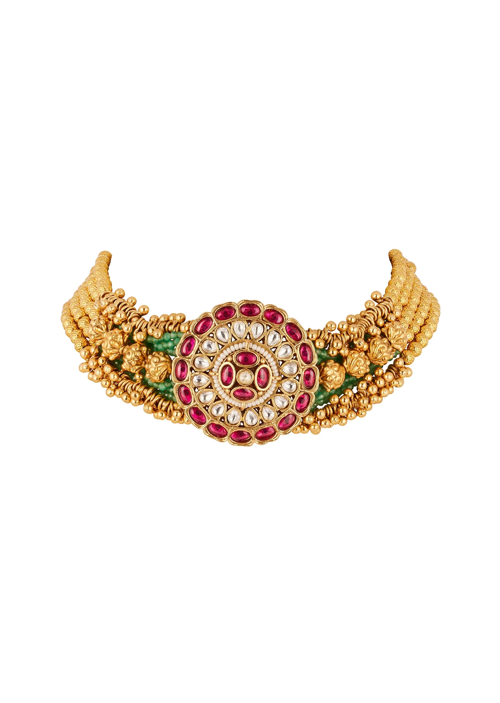 Red and Gold Traditional Kundan Polki Rajwadi Necklace Set - Image 2