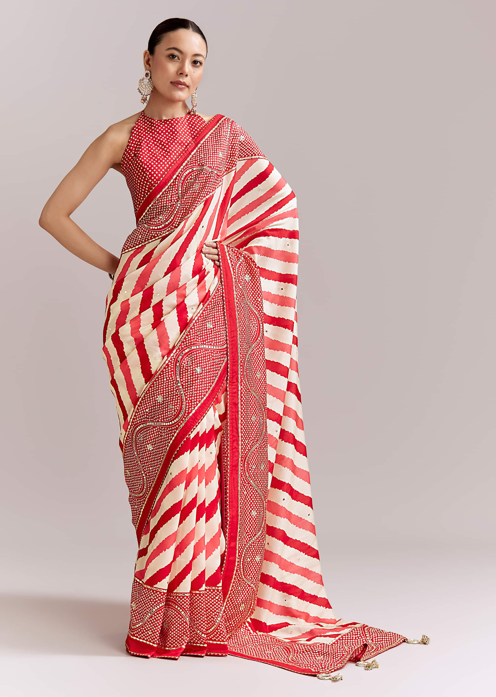 Red And Off White Silk Saree With Lehariya And Bandhani Print