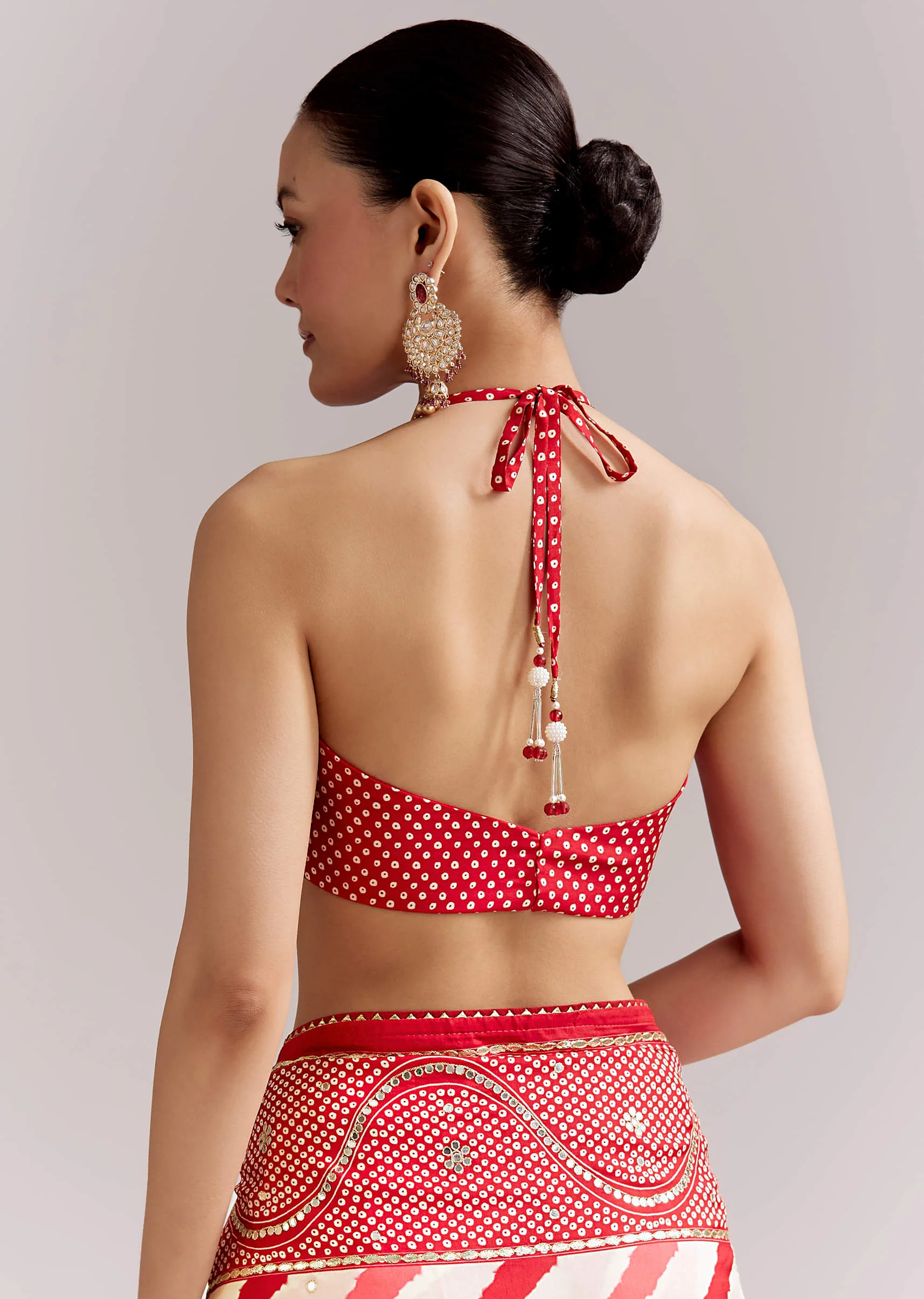 Red And Off White Silk Saree With Lehariya And Bandhani Print - Image 8