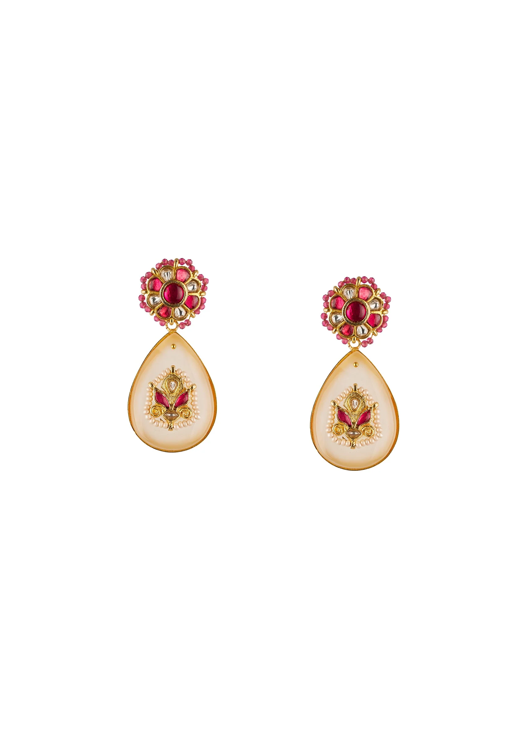 Red and Off White Traditional Gold Kundan Jadau Danglers - Image 2
