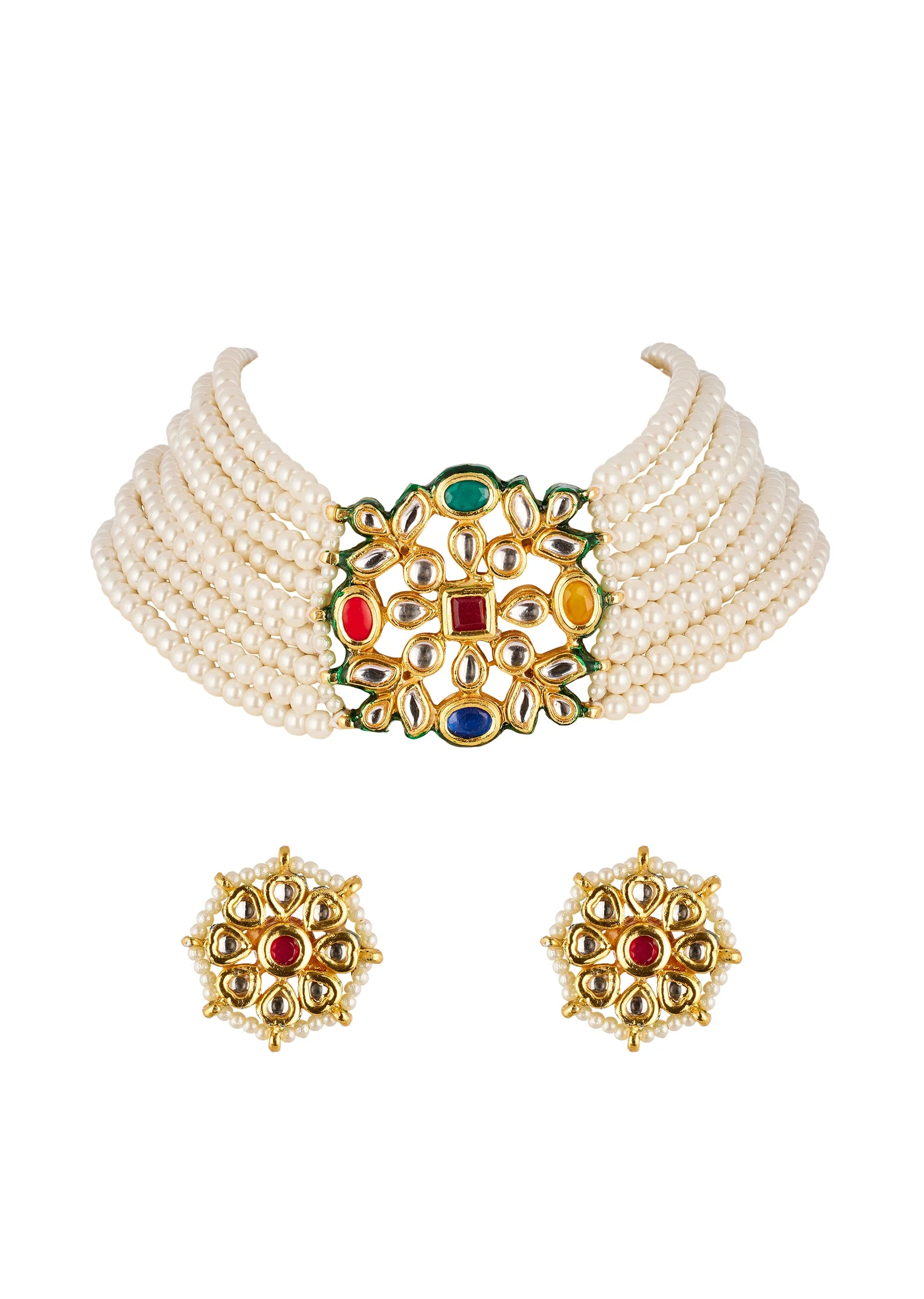 Red and White Traditional Necklace Set in Kundan and Polki