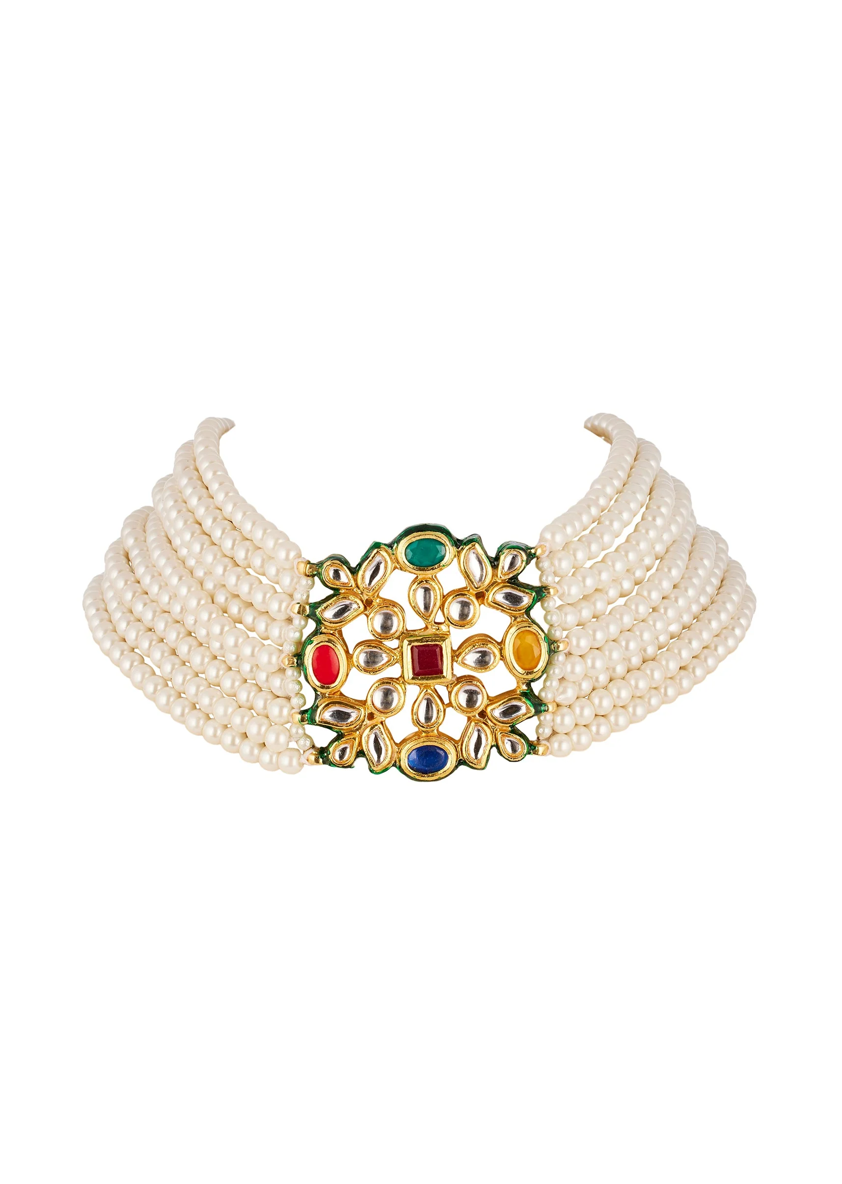 Red and White Traditional Necklace Set in Kundan and Polki - Image 2