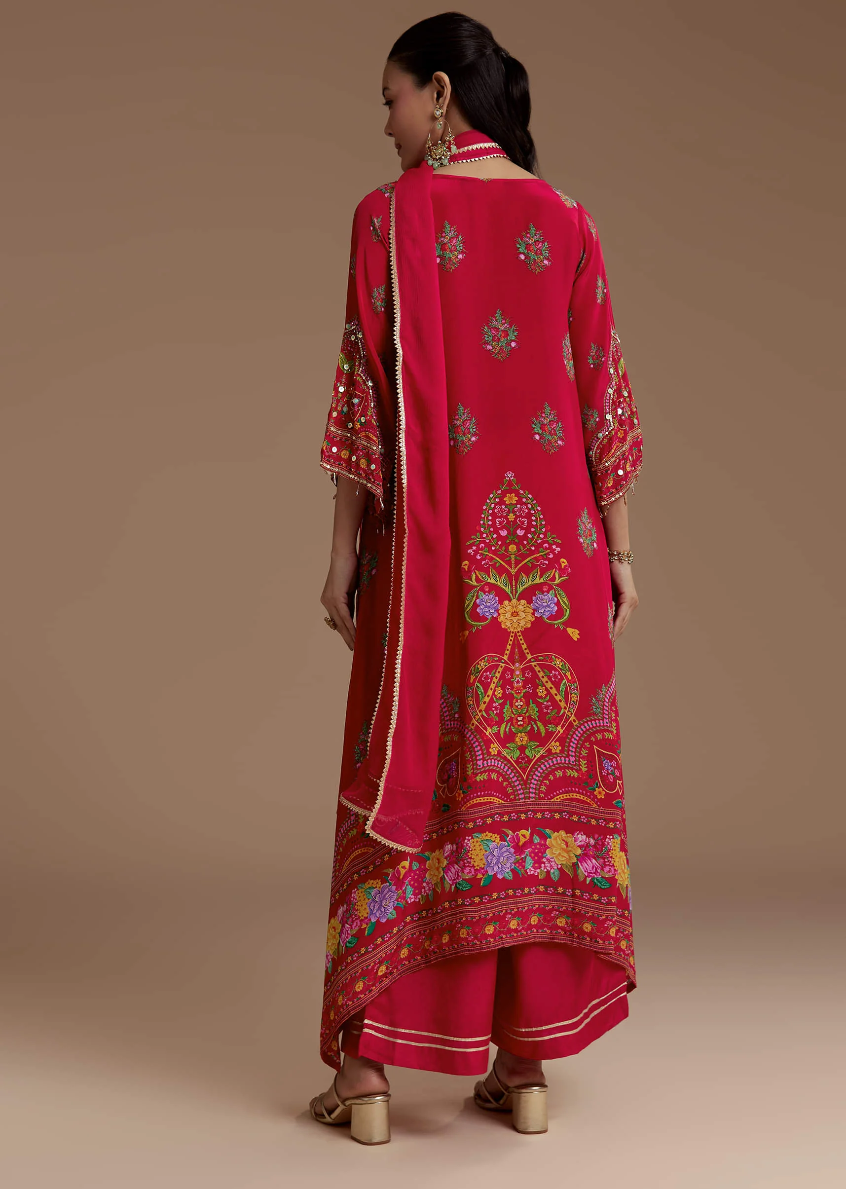 Red Asymmetric Floral Print Kurta Set - Image 5