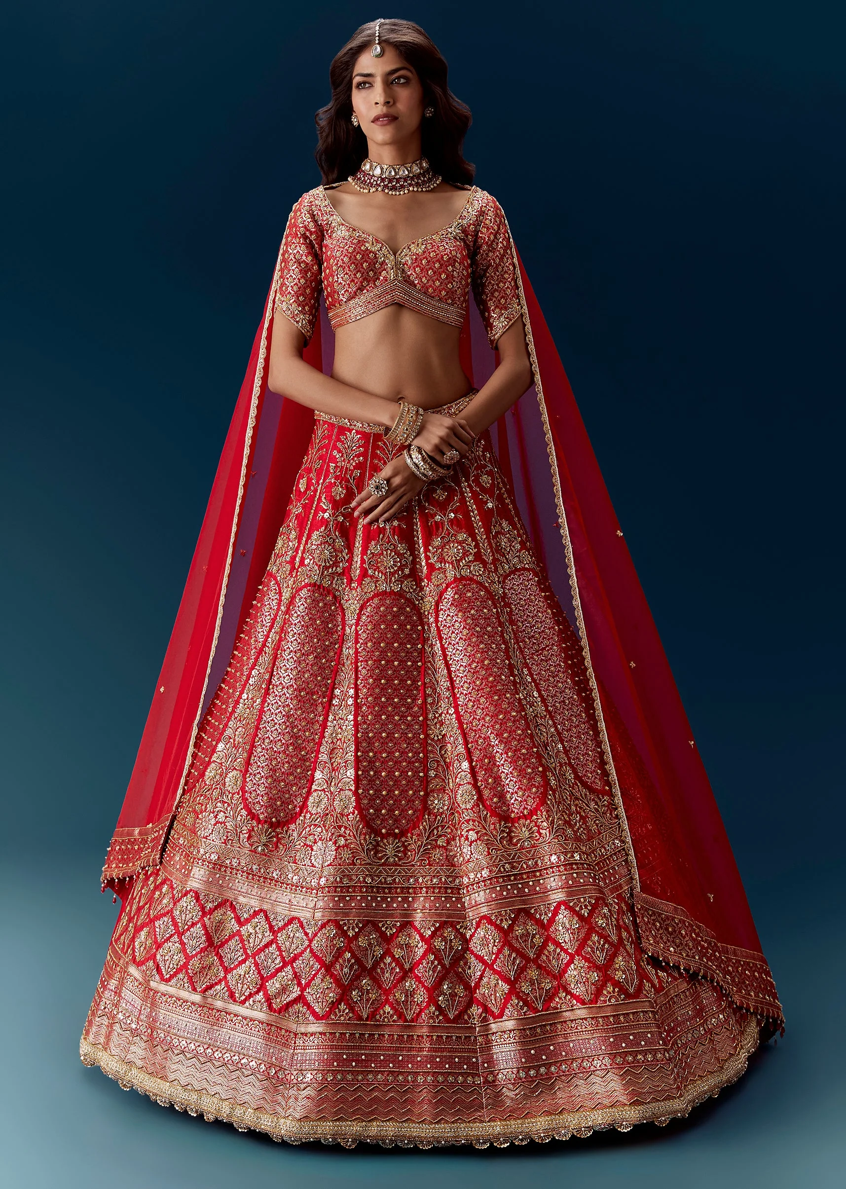 Red Banarasi Embroidered Bridal Lehenga And  Dupattas