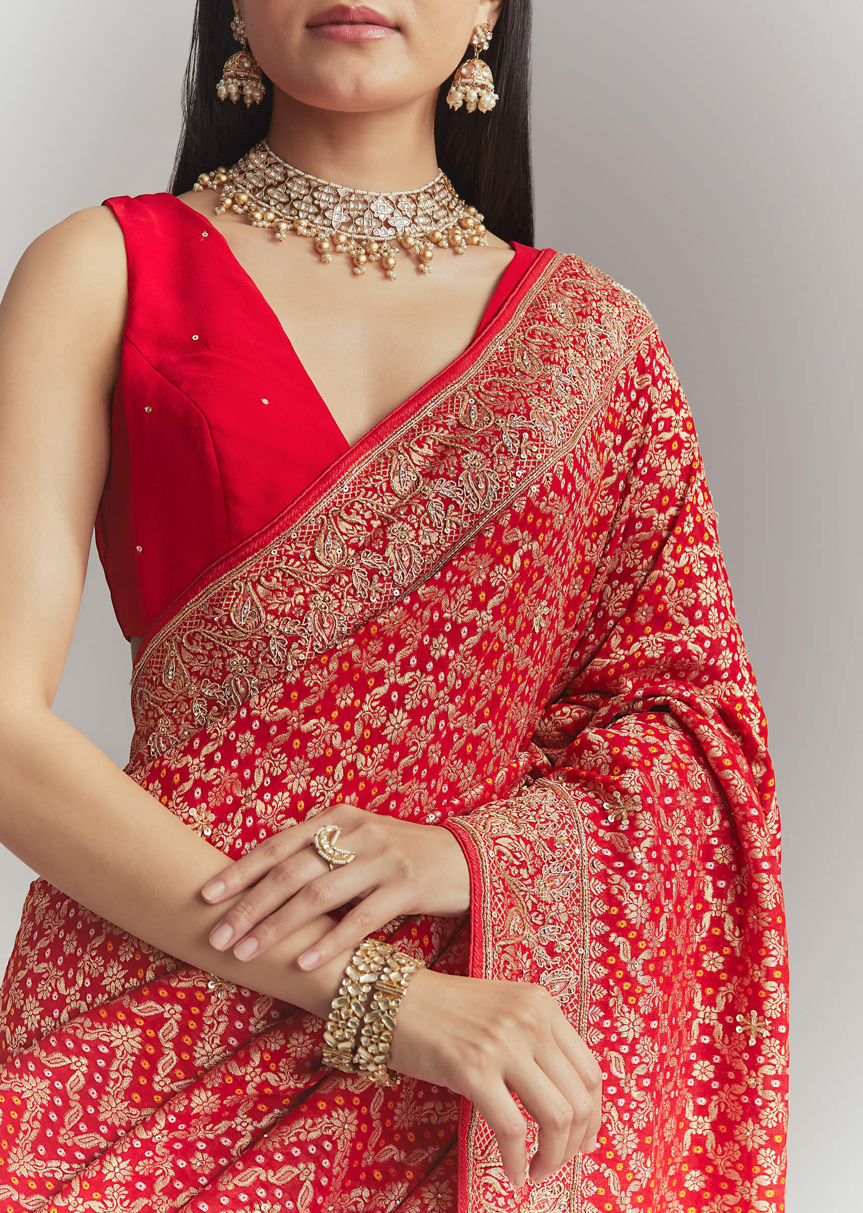 Red Banarasi Georgette Embroidered Saree With Heavy Hand Embroidery - Image 2