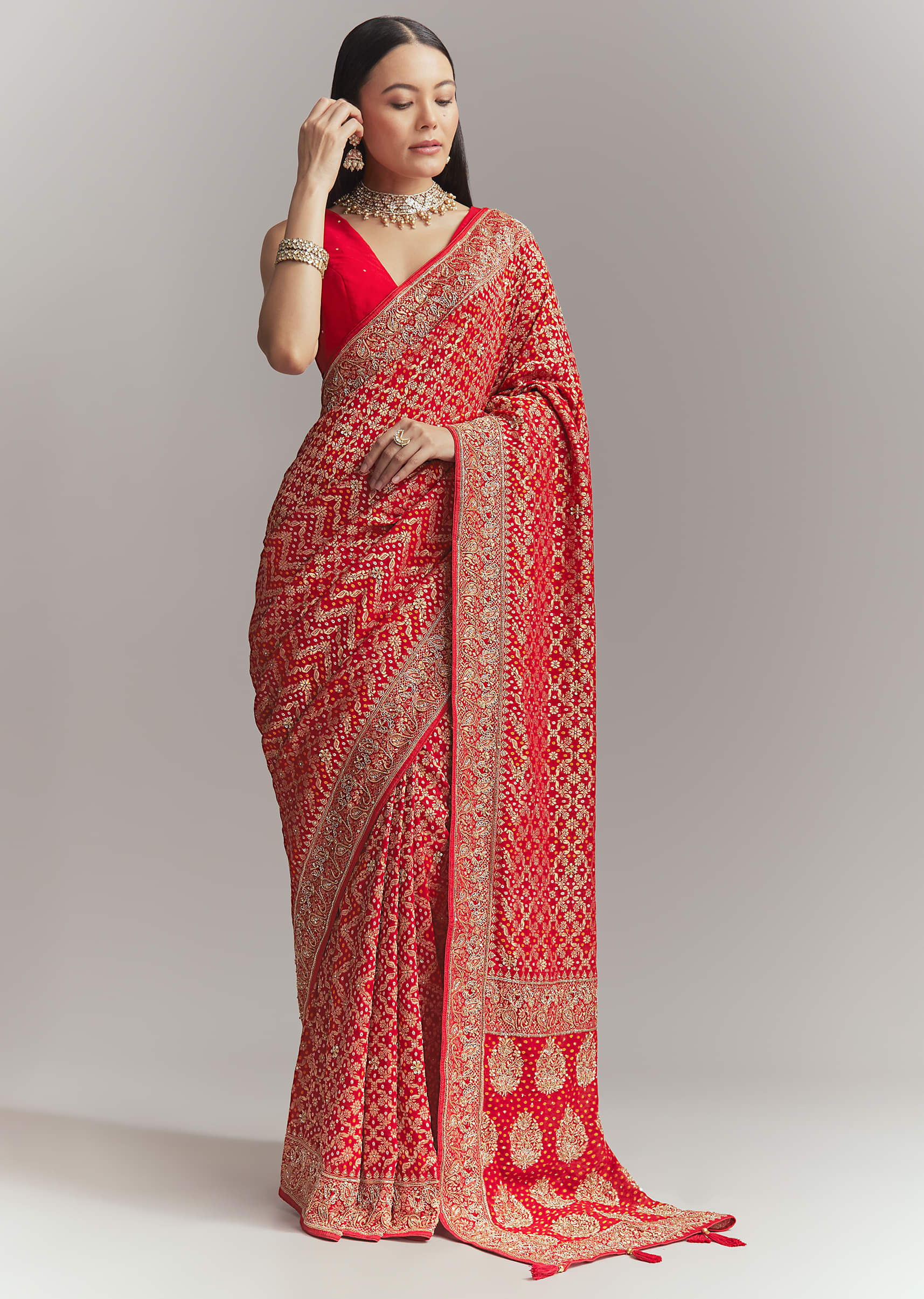 Red Banarasi Georgette Embroidered Saree With Heavy Hand Embroidery - Image 3