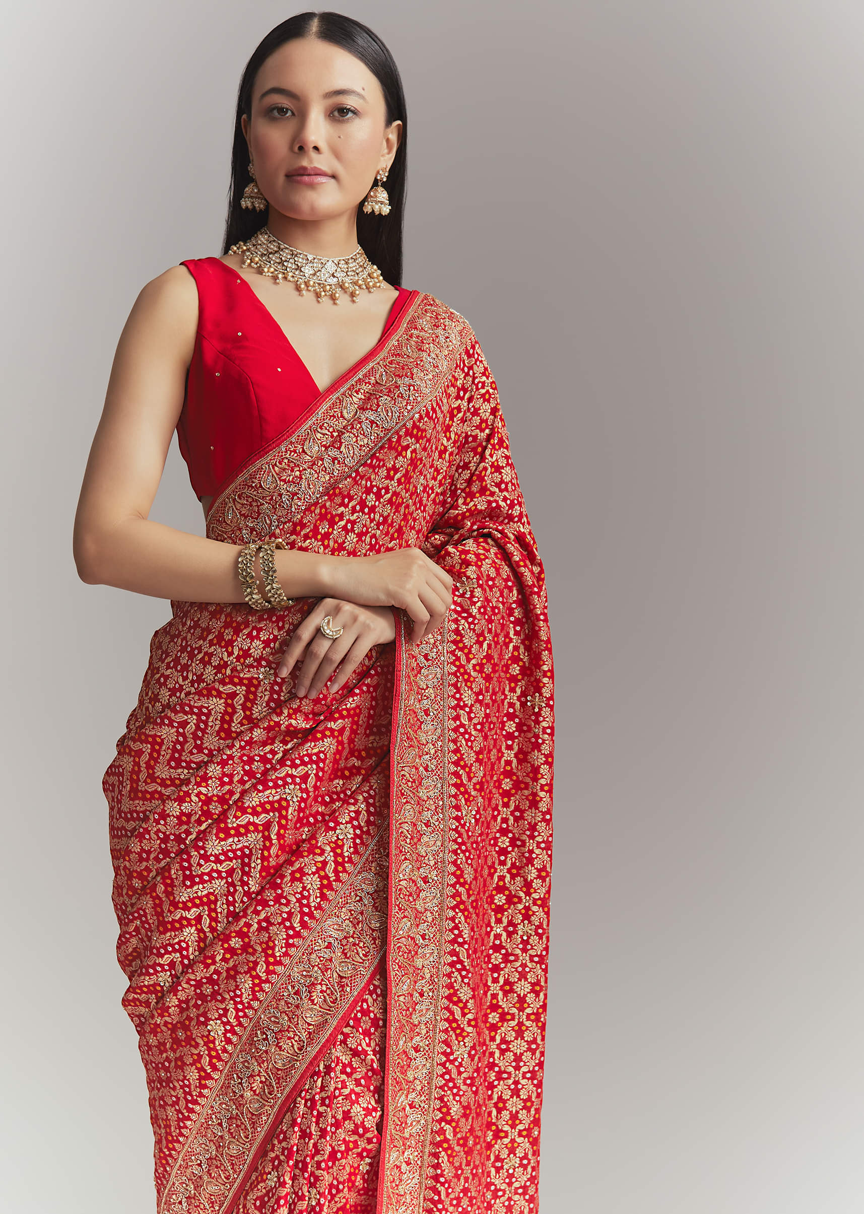 Red Banarasi Georgette Embroidered Saree With Heavy Hand Embroidery - Image 4