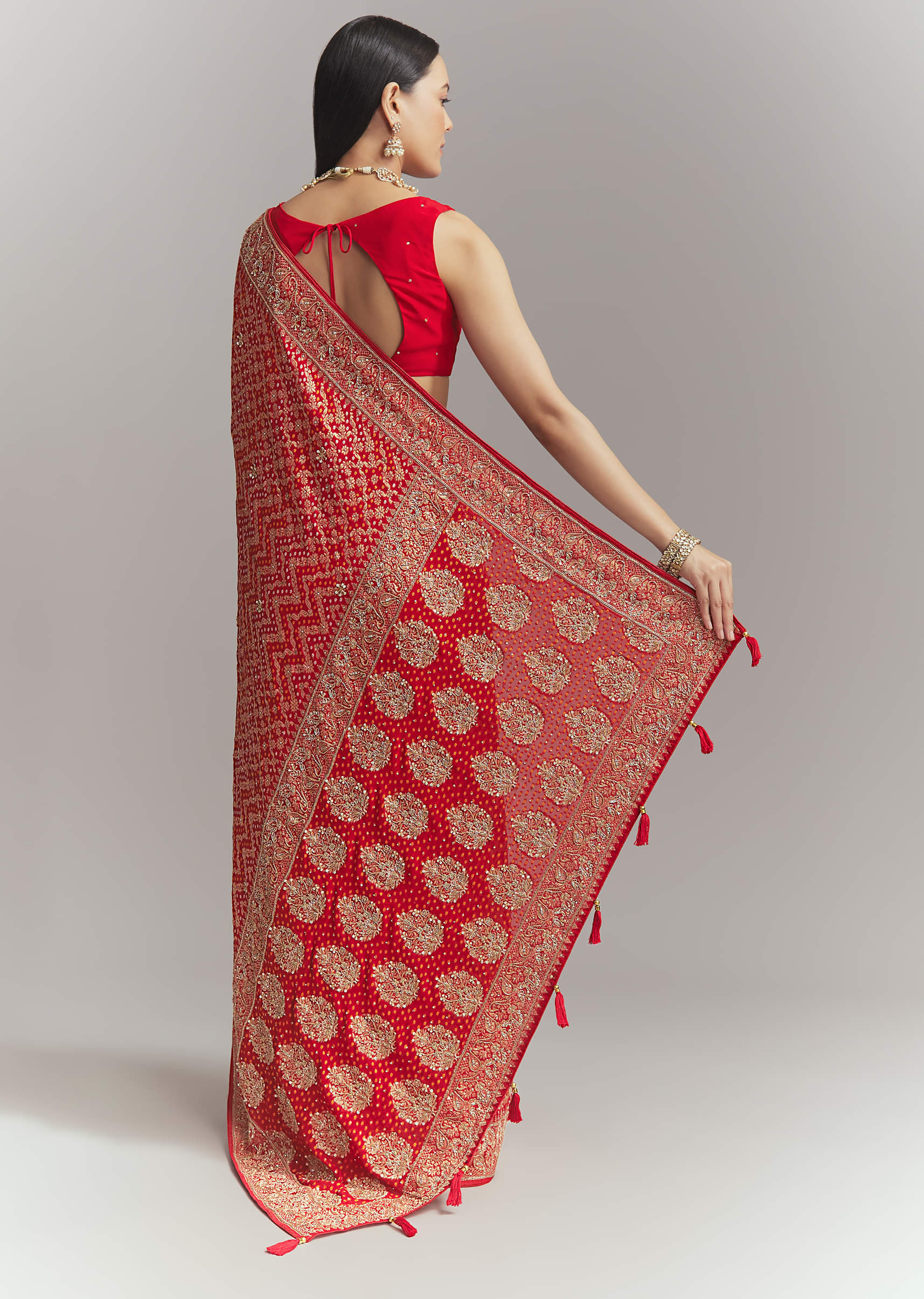 Red Banarasi Georgette Embroidered Saree With Heavy Hand Embroidery - Image 5