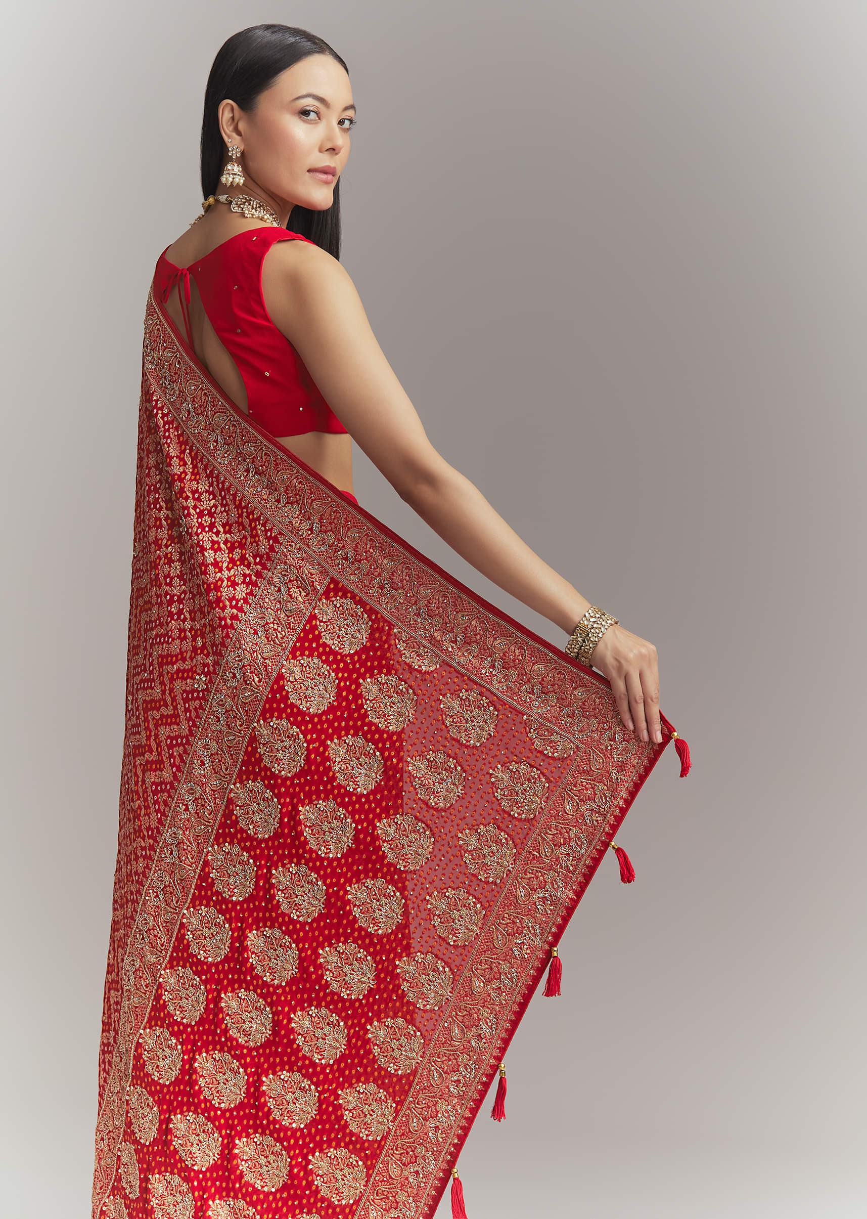 Red Banarasi Georgette Embroidered Saree With Heavy Hand Embroidery - Image 6