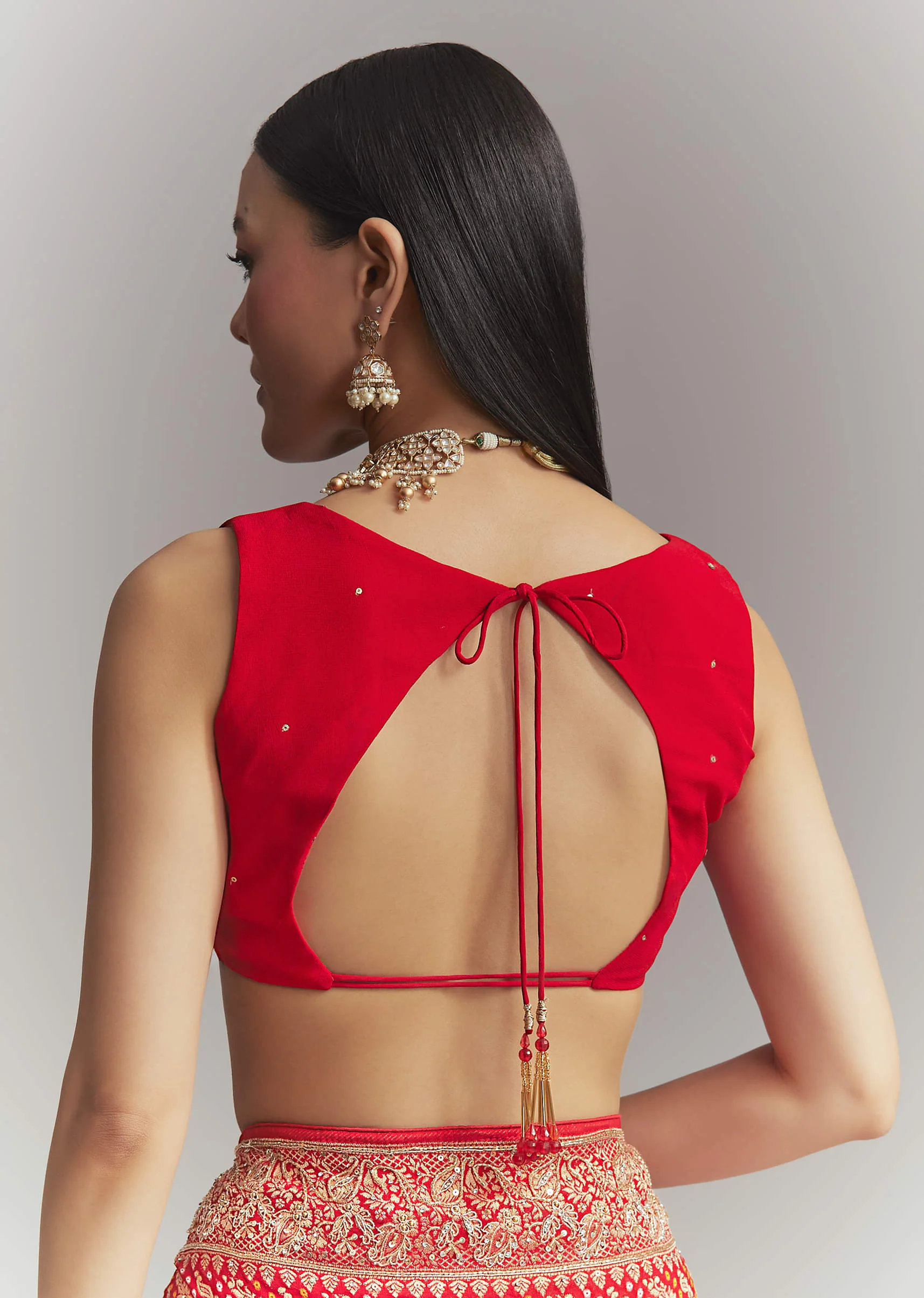 Red Banarasi Georgette Embroidered Saree With Heavy Hand Embroidery - Image 8