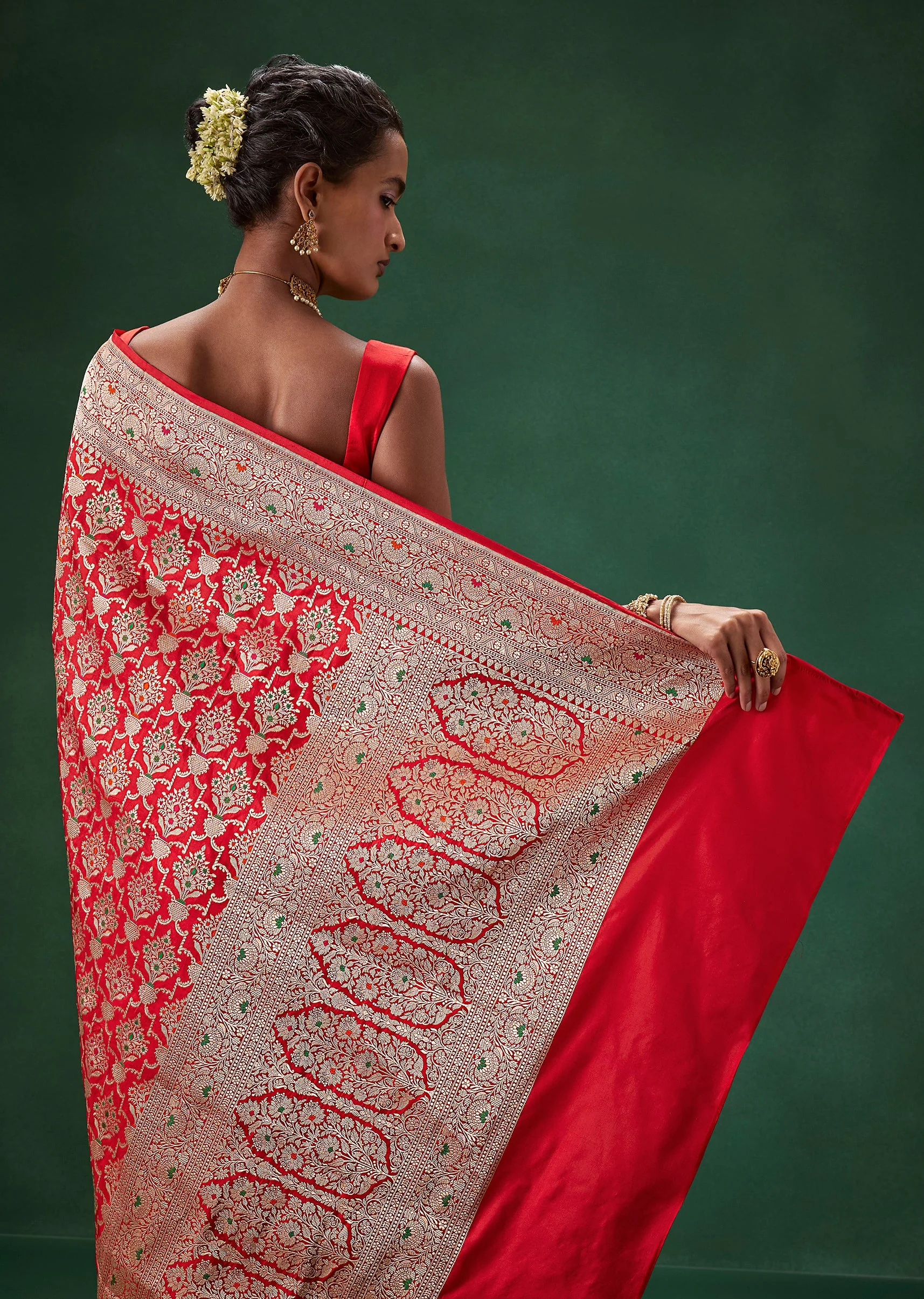 Red Banarasi Silk Saree with Unstitched Blouse - Image 5