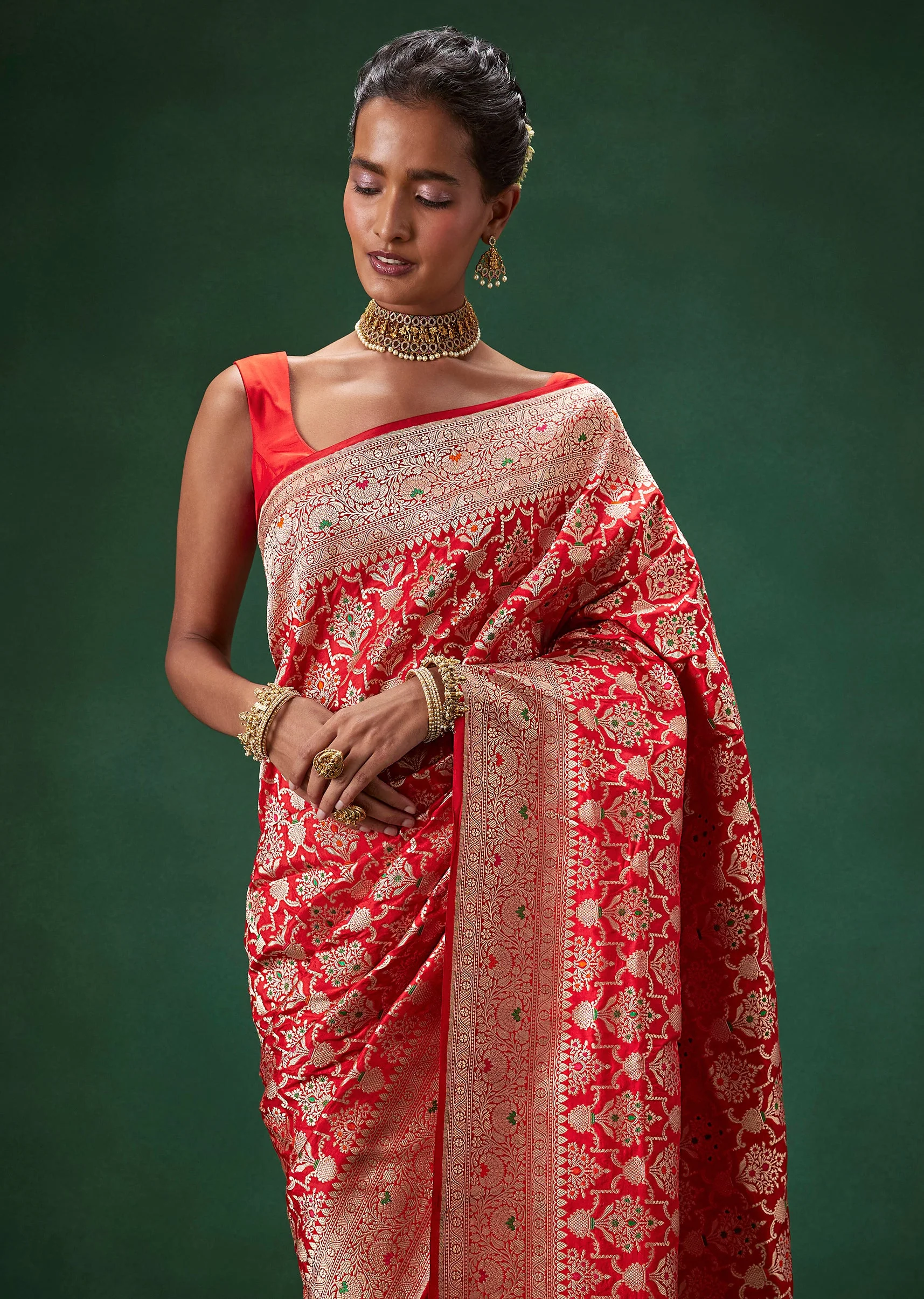 Red Banarasi Silk Saree with Unstitched Blouse - Image 6