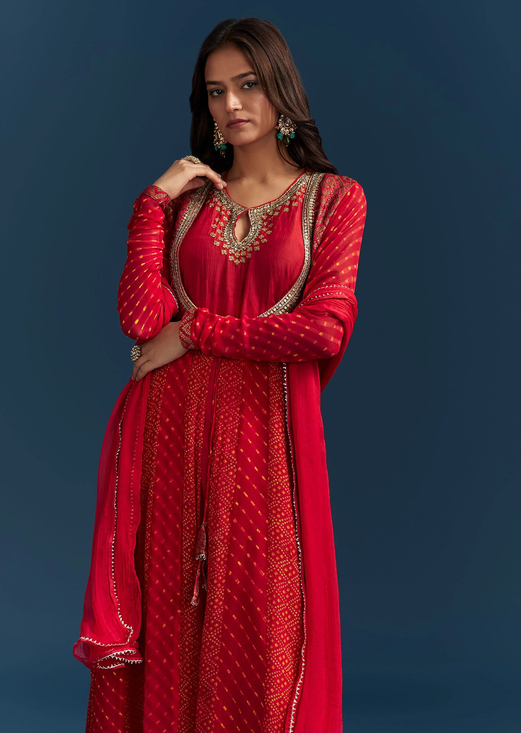 Red Bandhani And Leheriya Jacket Anarkali Suit In Georgette - Image 3