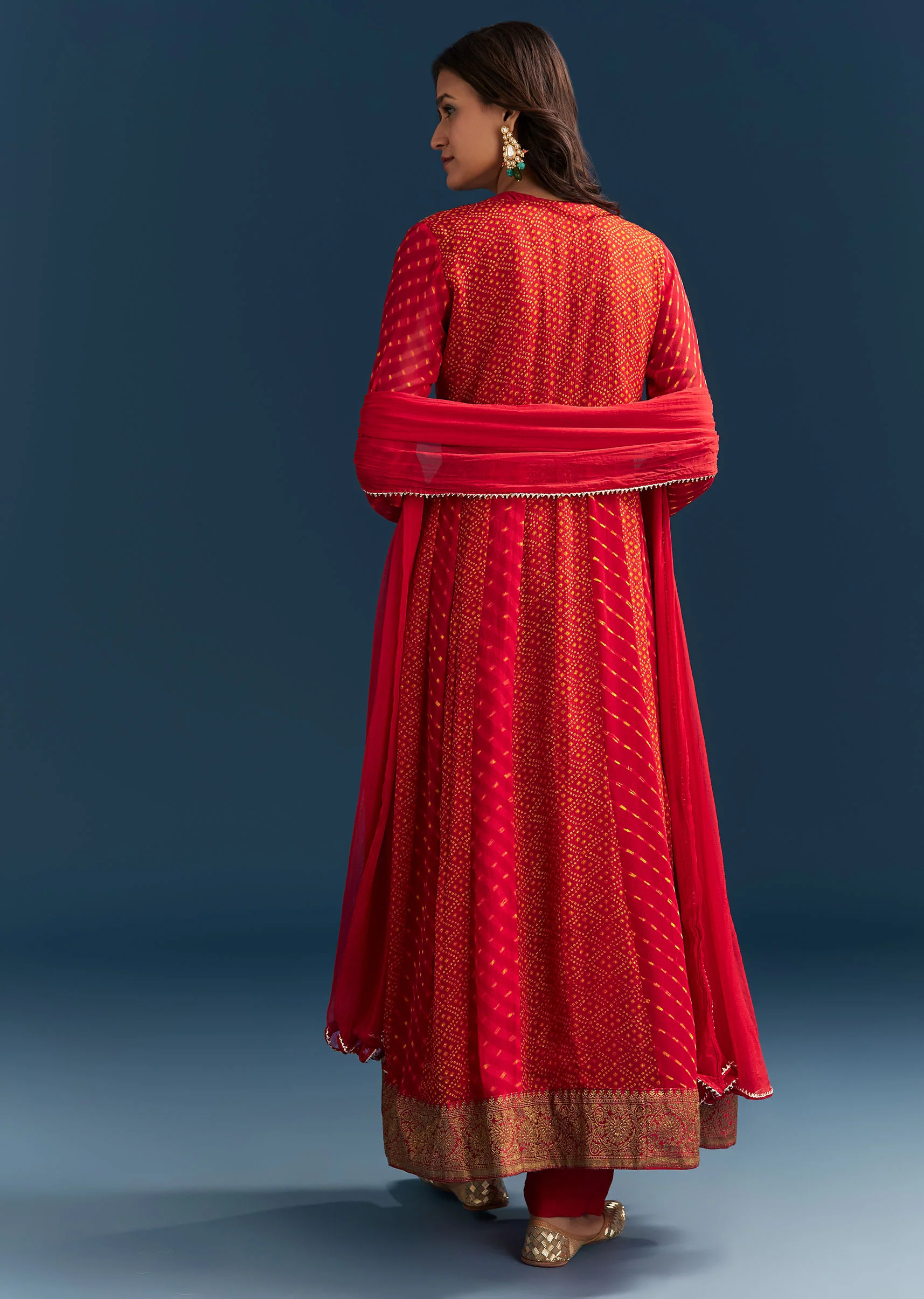 Red Bandhani And Leheriya Jacket Anarkali Suit In Georgette - Image 6