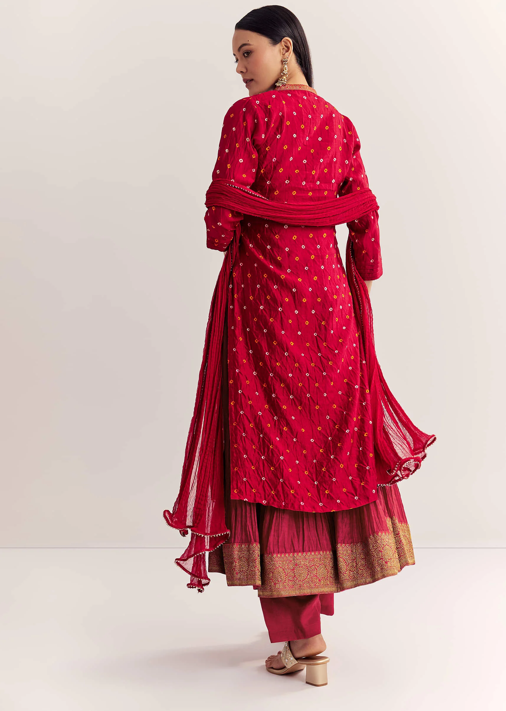 Red Bandhani Layered Silk Kurta Set With Dupatta - Image 5