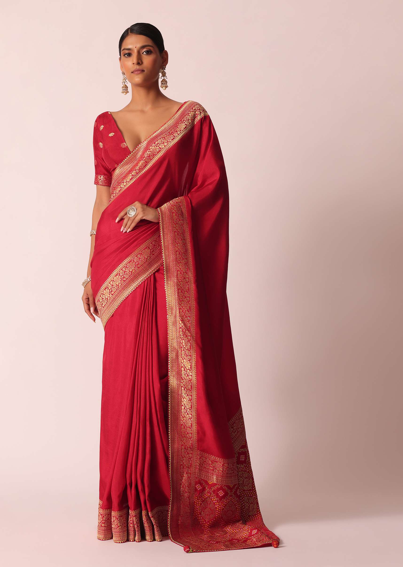 Red Bandhani Silk Woven Saree With Unstitched Blouse Piece - Image 3