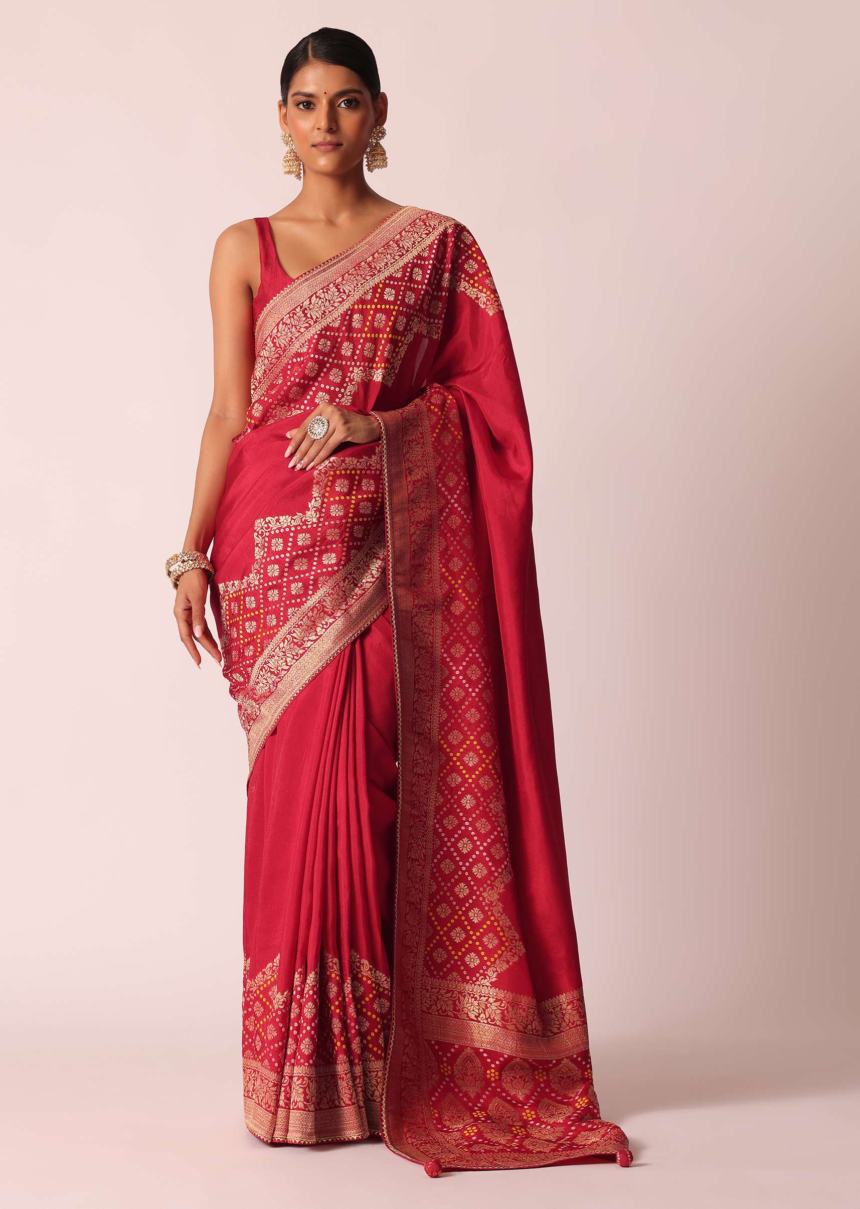 Red Bandhani Weave Saree In Silk With Unstitched Blouse Piece - Image 3
