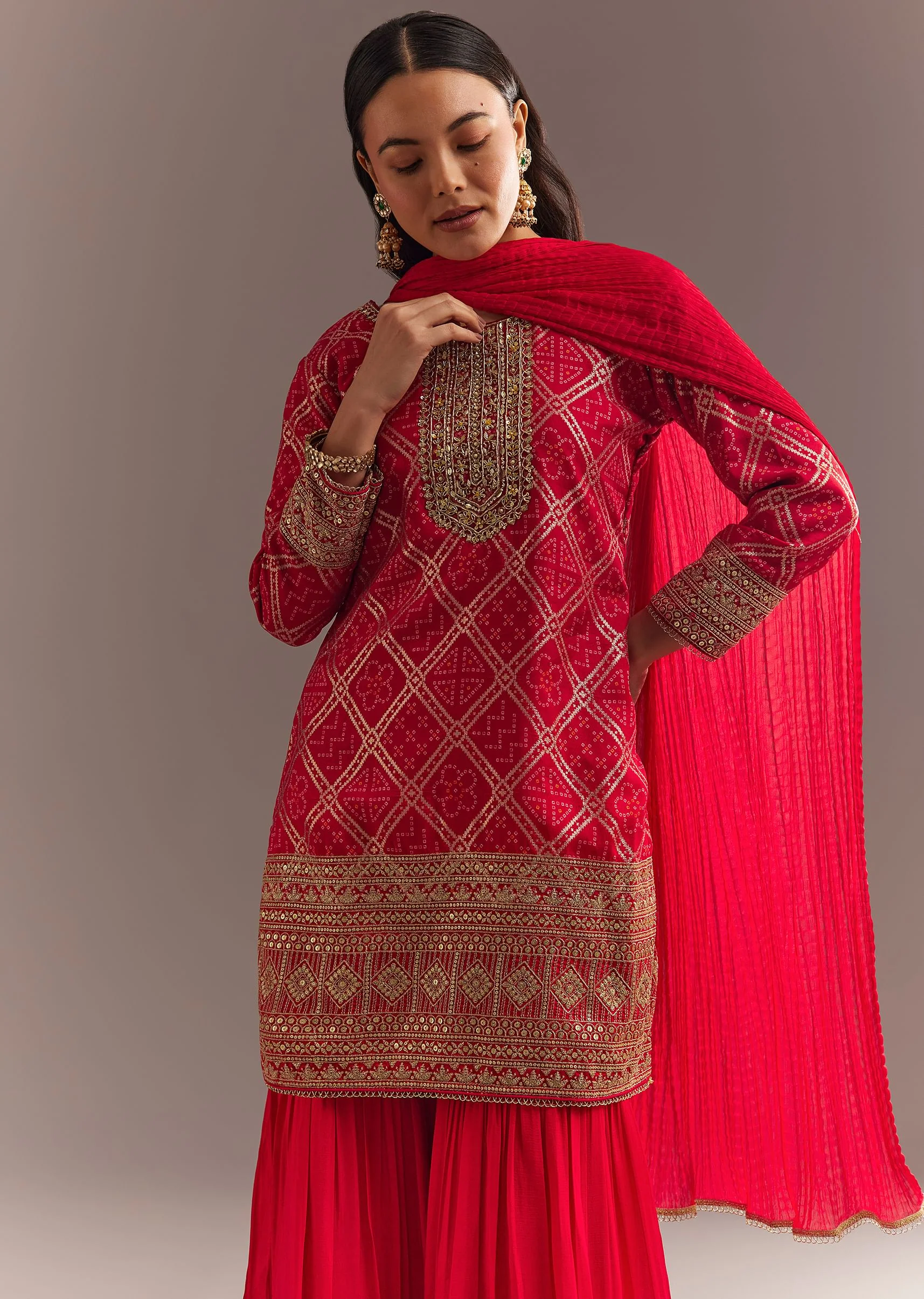 Red Bandhani Zari Kurta And Jacquard Sharara With Chiffon Dupatta - Image 2