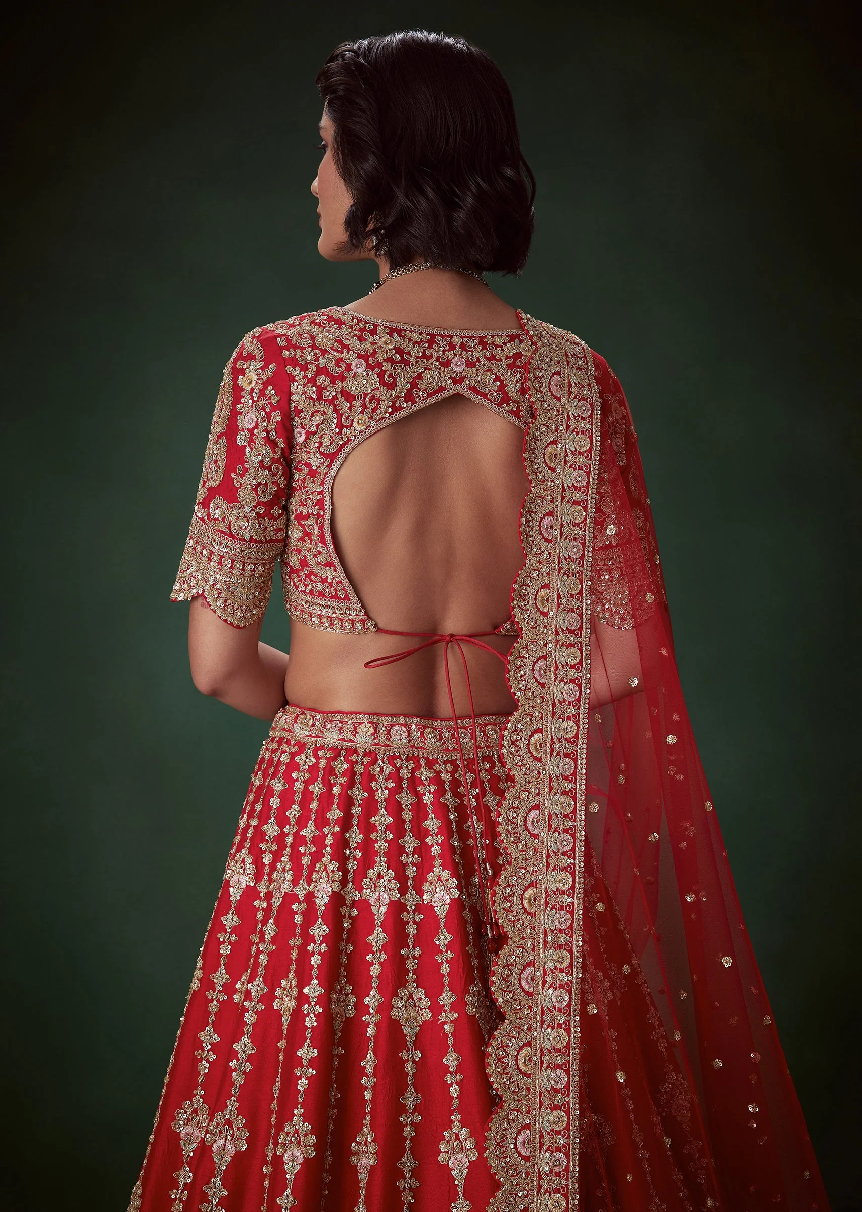 Red Bead Embellished Bridal Lehenga Set - Image 5
