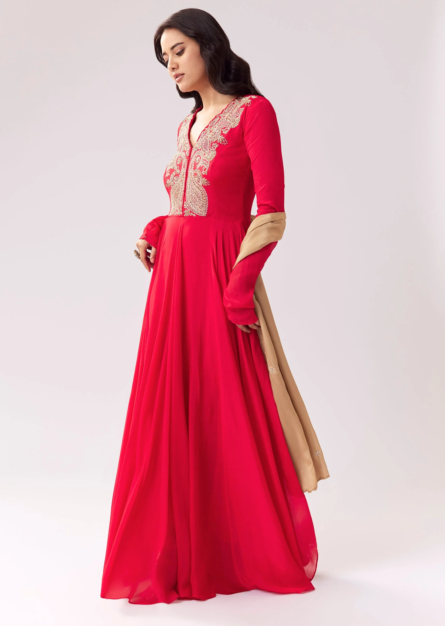 Red Beige Zardozi Anarkali - Image 3