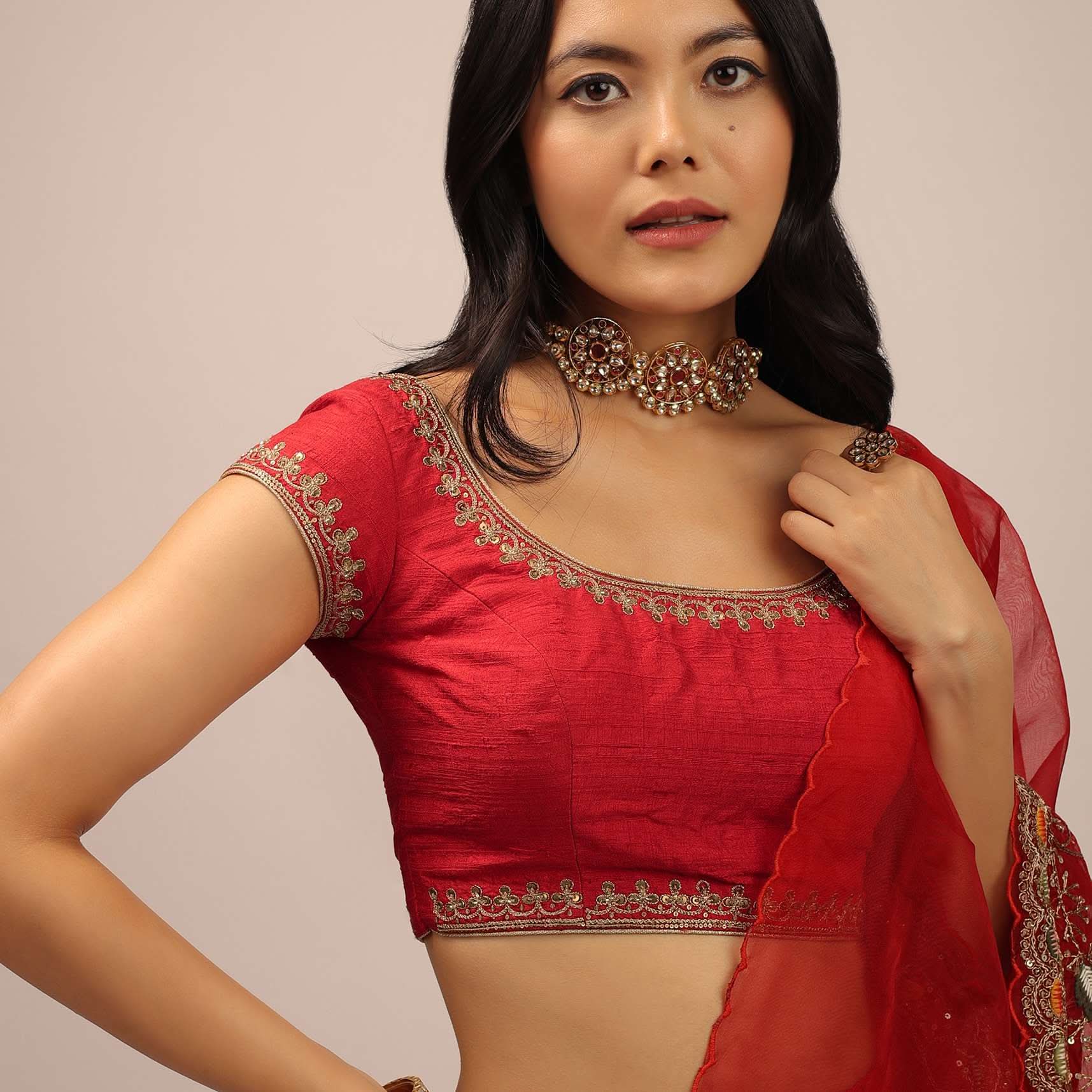 Red Blouse In Raw Silk With Cap Sleeves, Round Neckline And Zardosi Detailed Neckline - Image 2