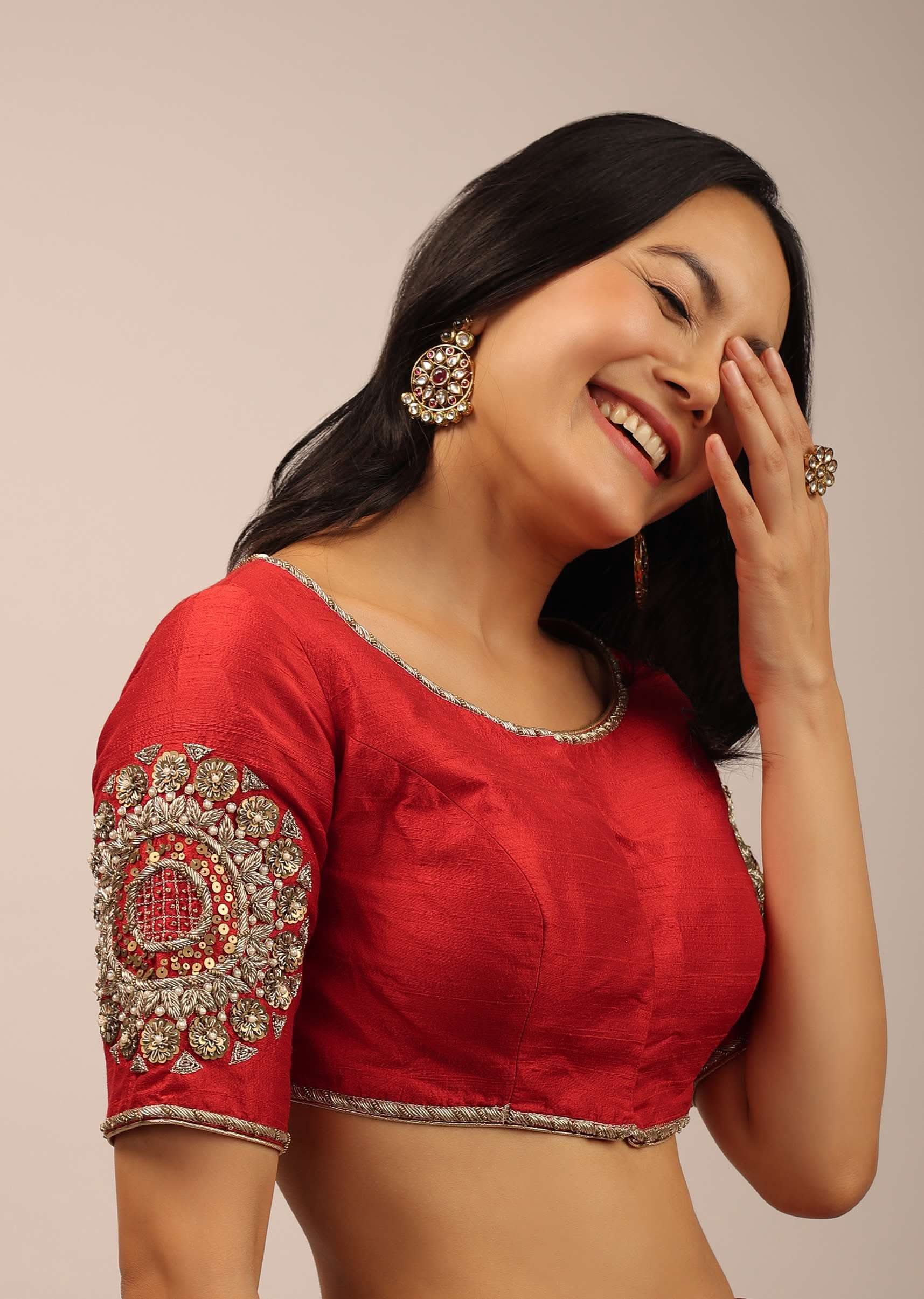 Red Blouse In Raw Silk With Half Sleeves And Zardosi Embroidered Motif On The Sleeves And Back - Image 3