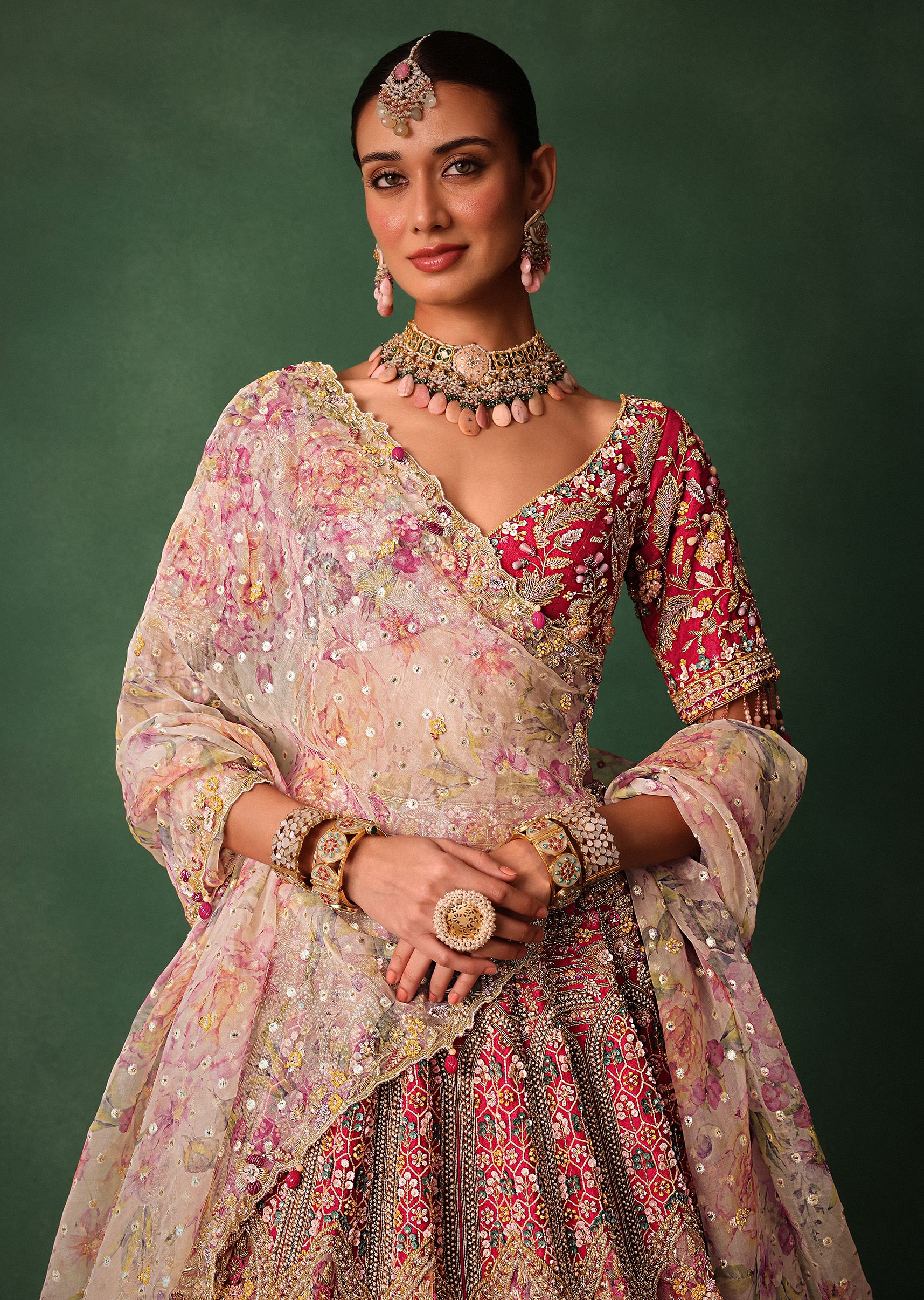 Red Bridal Hand Work Lehenga With Blouse And Dupatta - Image 2
