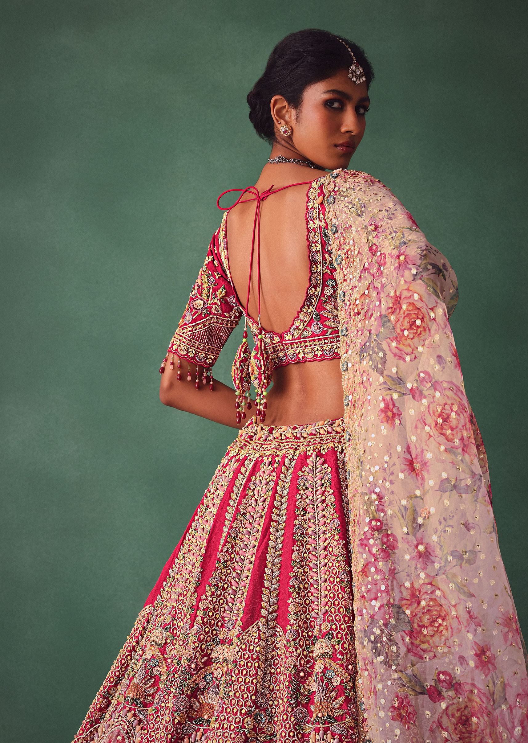 Red Bridal Lehenga With V Neck Blouse Back Dori And Dupatta - Image 4