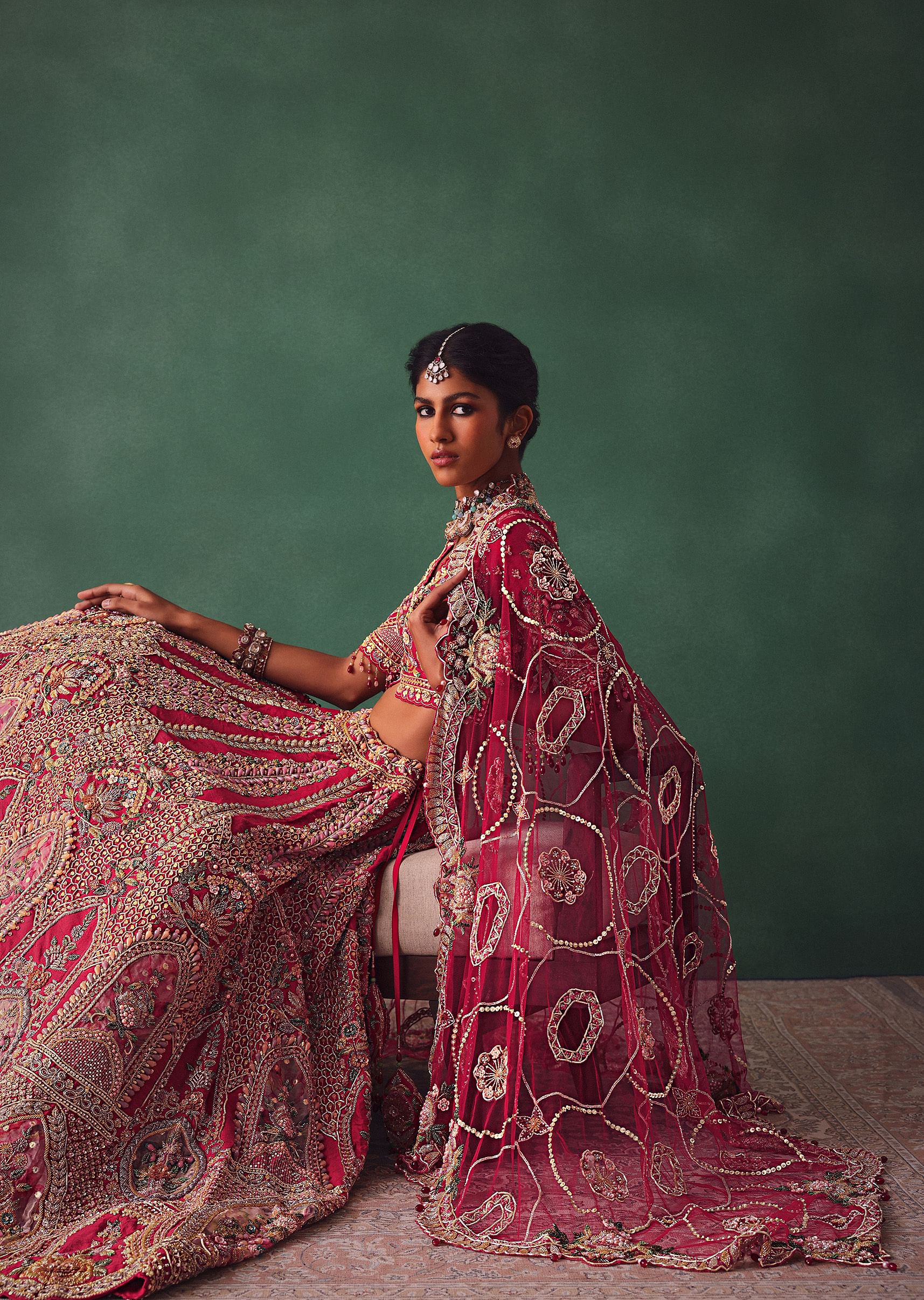 Red Bridal Lehenga With V Neck Blouse Back Dori And Dupatta - Image 5