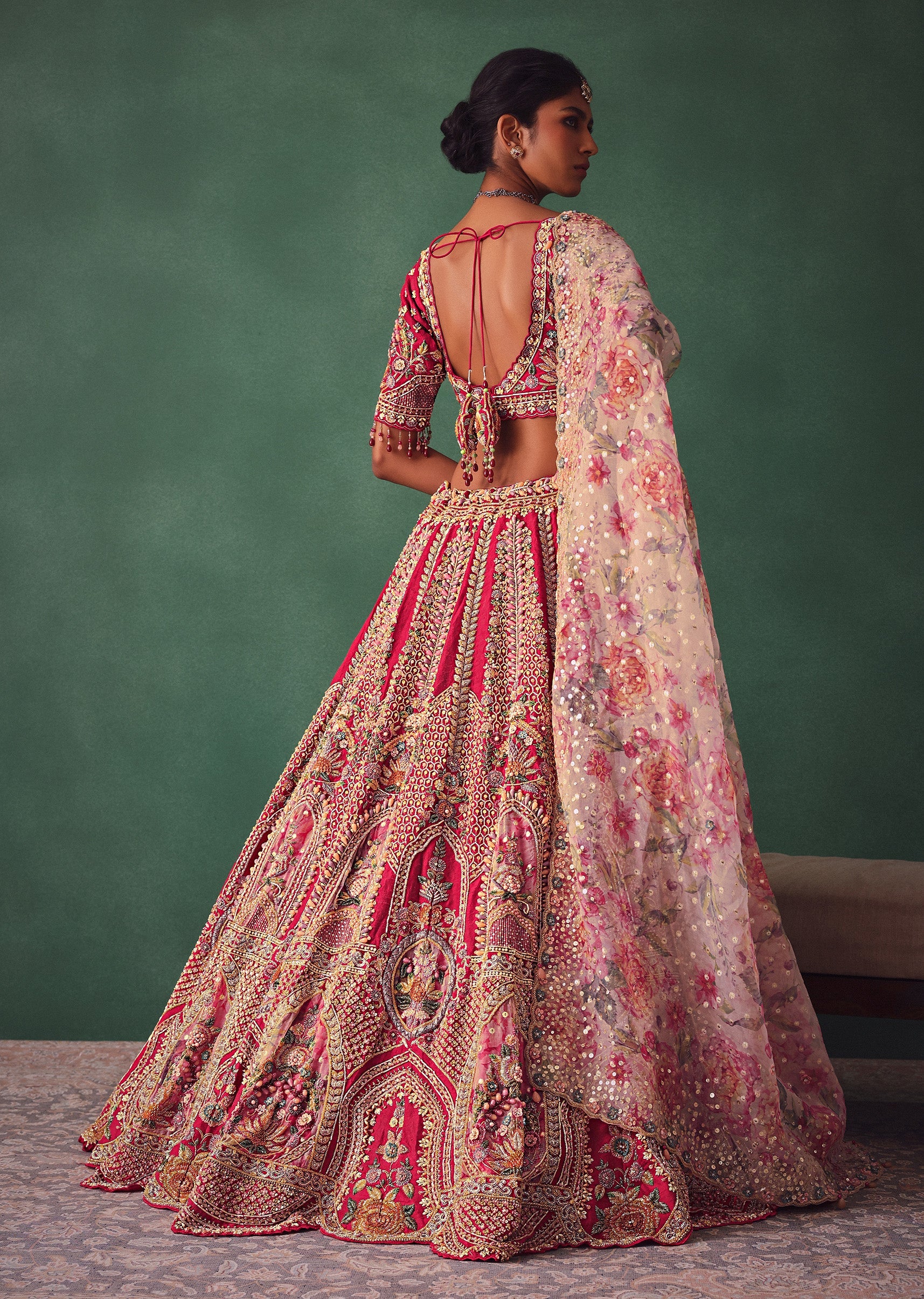 Red Bridal Lehenga With V Neck Blouse Back Dori And Dupatta - Image 6
