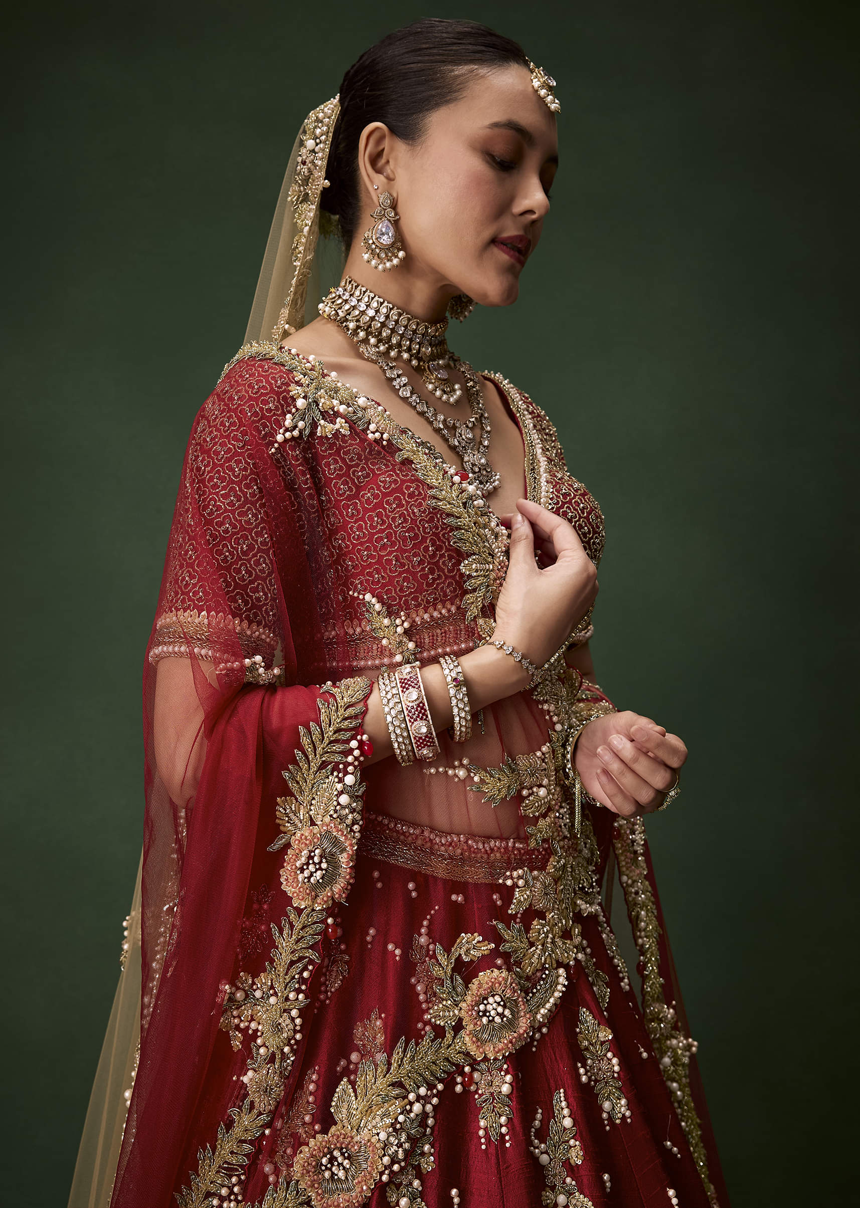 Red Bridal Sequin Silk Lehenga Set with Two Dupattas - Image 3
