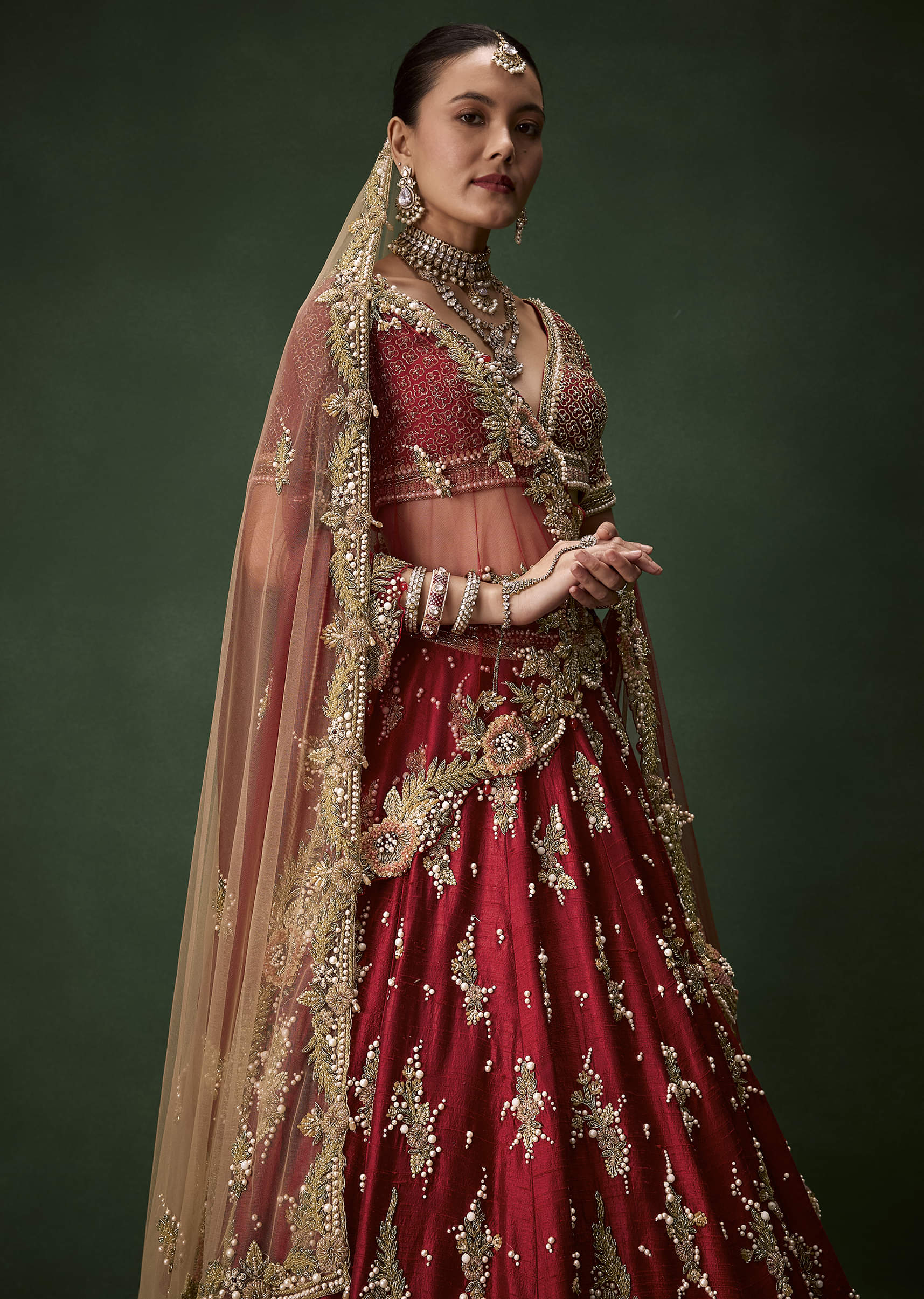 Red Bridal Sequin Silk Lehenga Set with Two Dupattas - Image 5