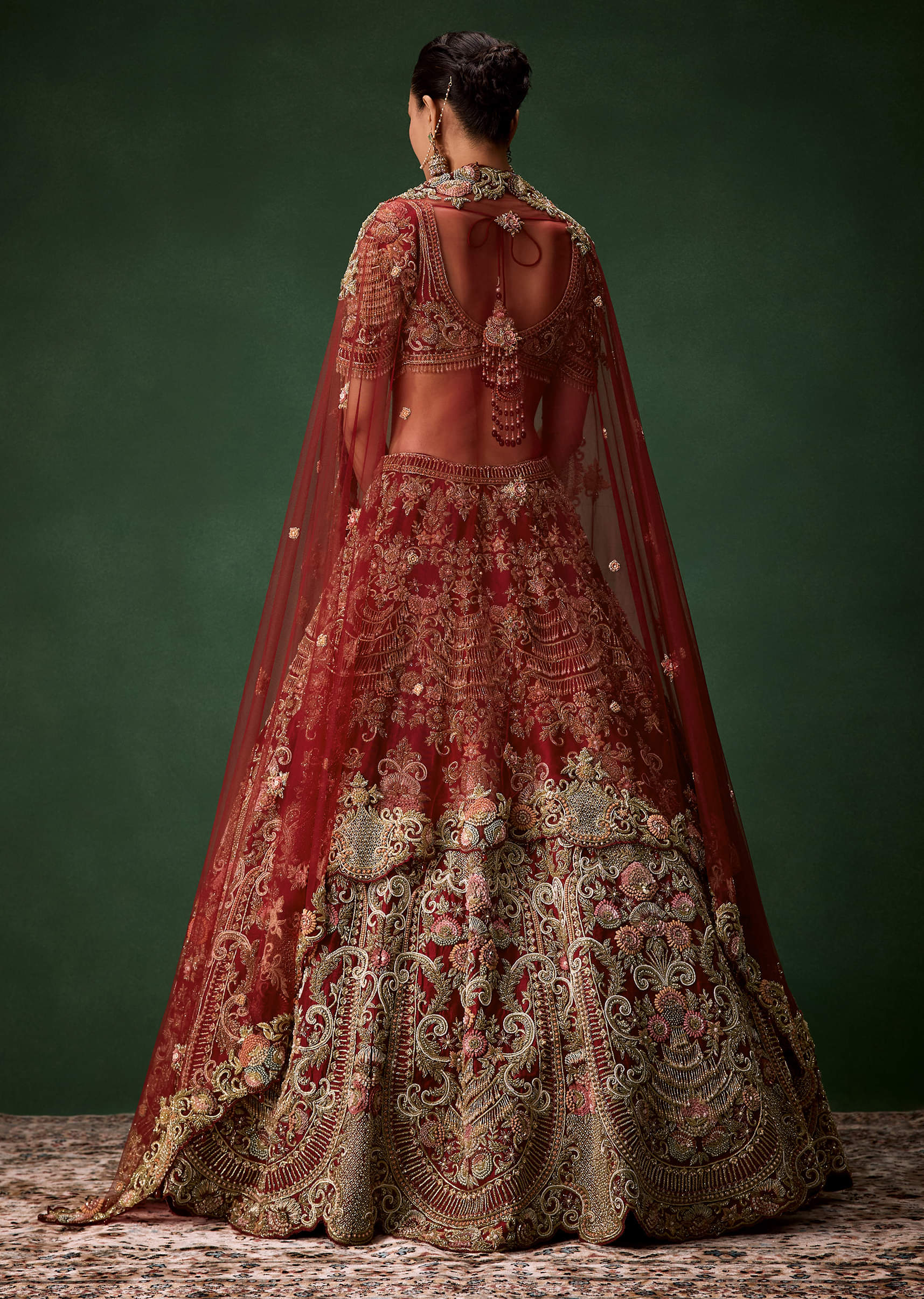 Red Bridal Sequins Silk Lehenga Set with Two Dupattas - Image 2