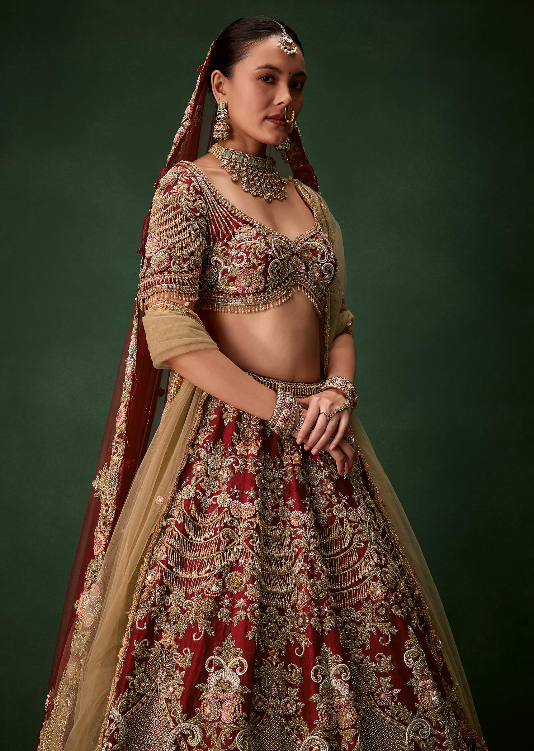 Red Bridal Sequins Silk Lehenga Set with Two Dupattas - Image 5