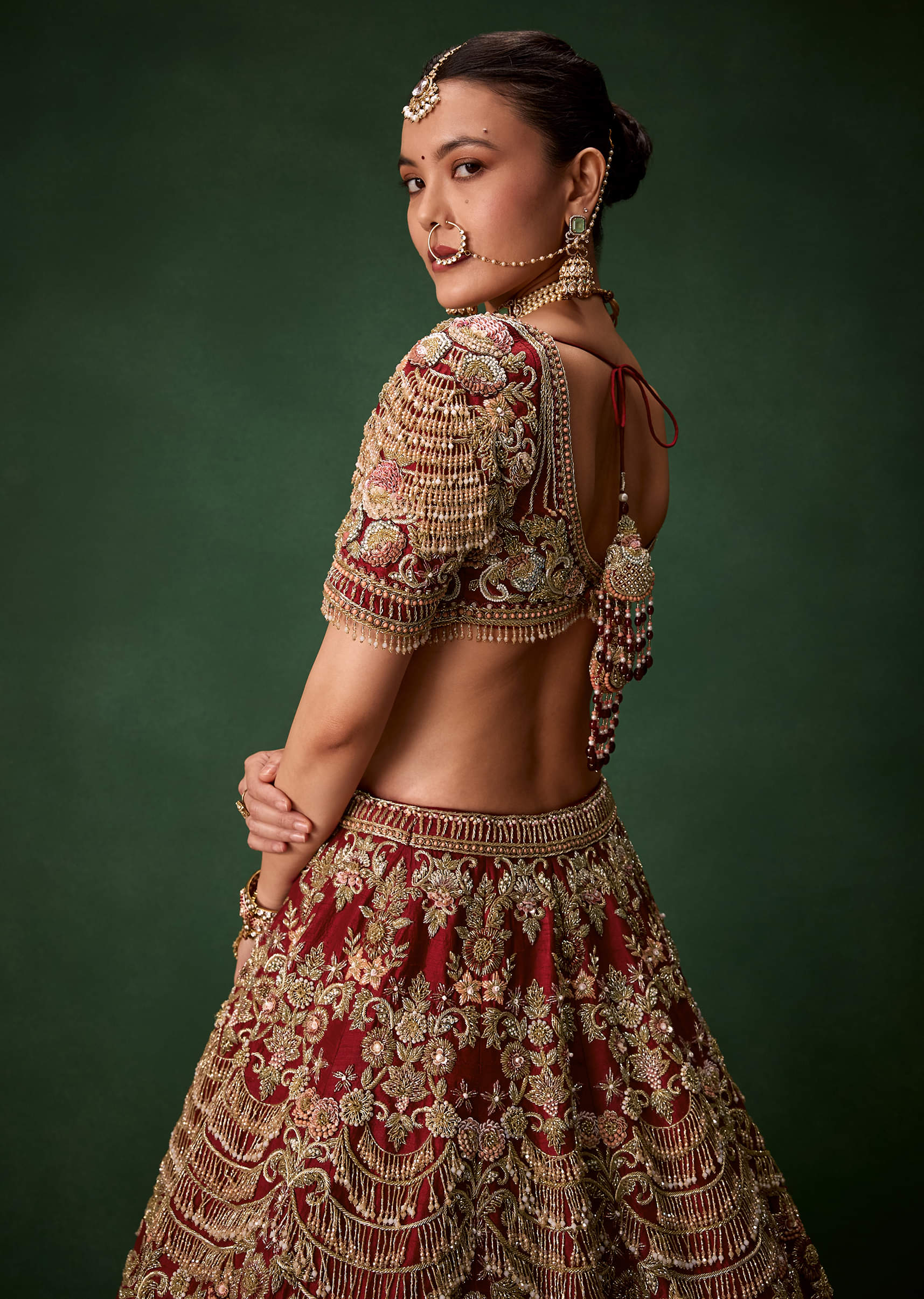 Red Bridal Sequins Silk Lehenga Set with Two Dupattas - Image 6