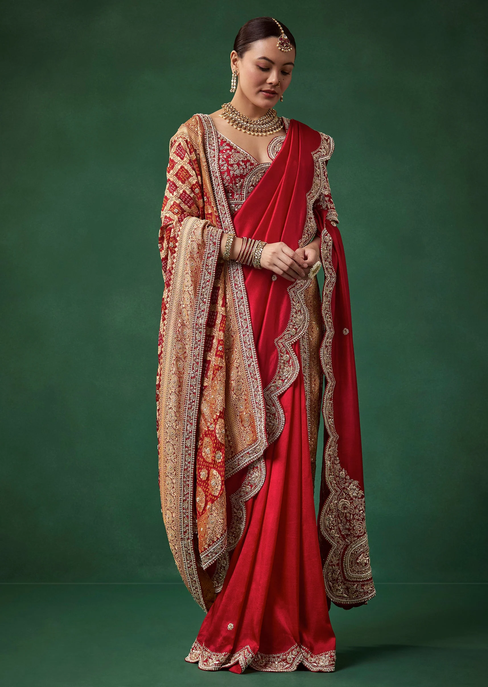 Red Bridal Silk Zardozi Saree with Unstitched Blouse - Image 5