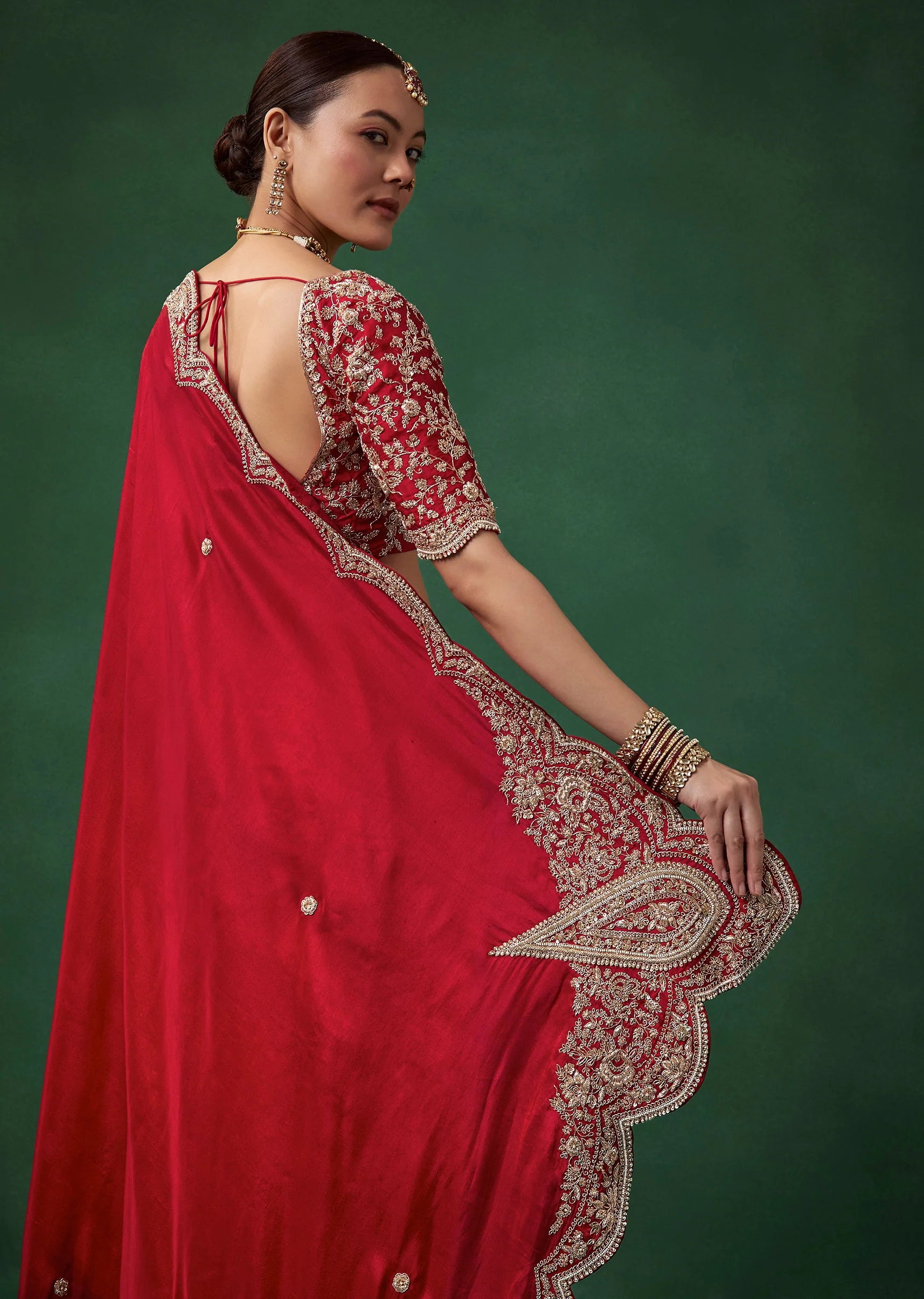 Red Bridal Silk Zardozi Saree with Unstitched Blouse - Image 6