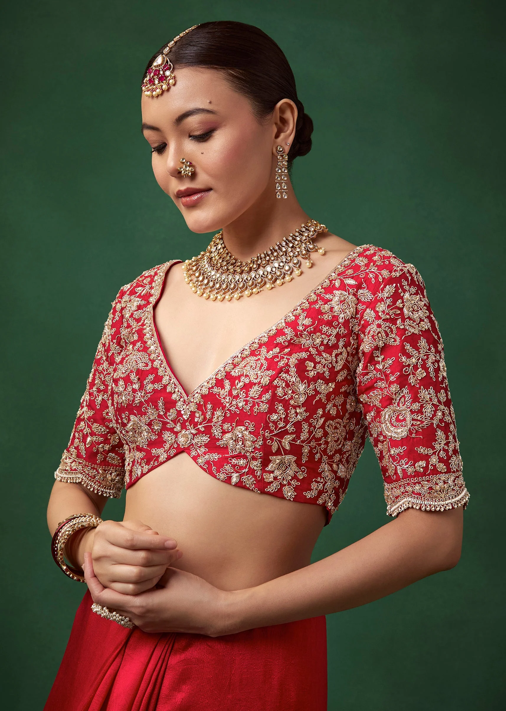 Red Bridal Silk Zardozi Saree with Unstitched Blouse - Image 7