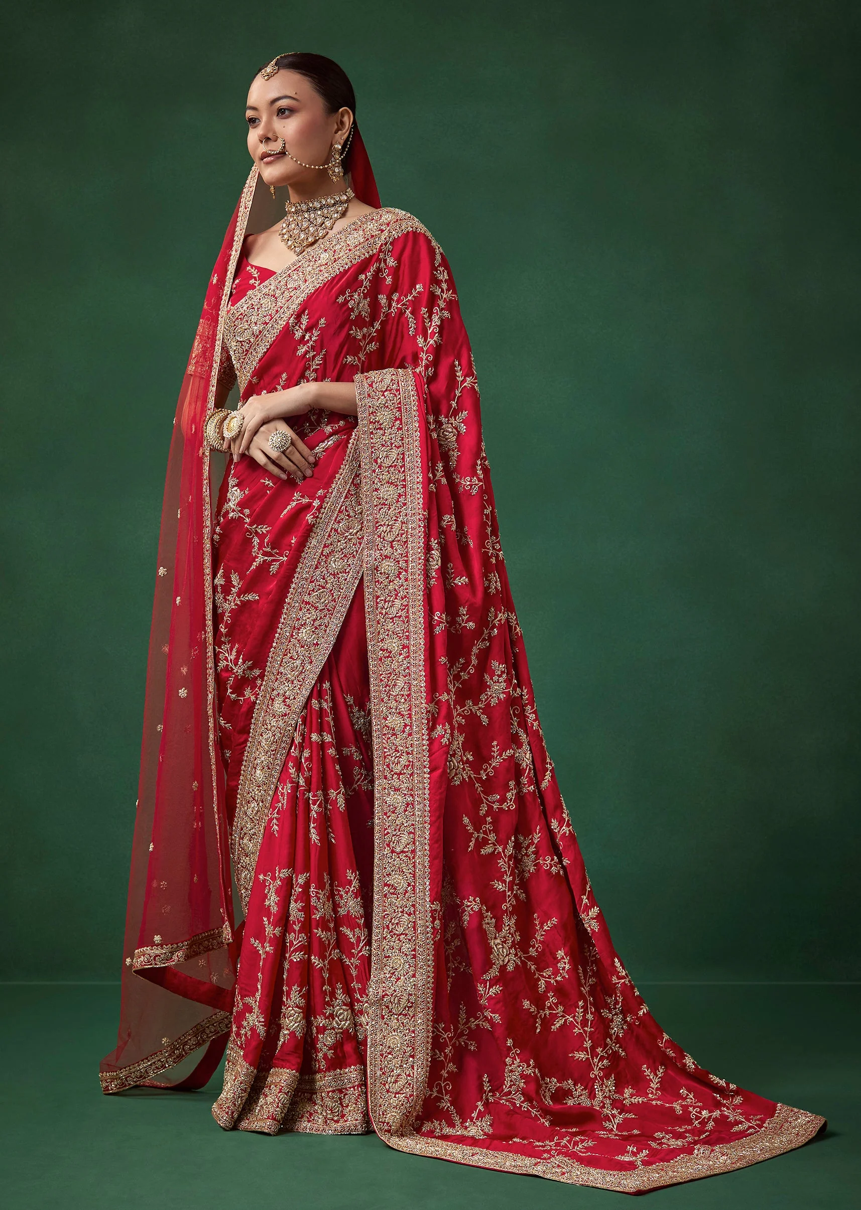 Red Bridal Soft Silk Embroidered Saree with Unstitched Blouse - Image 3