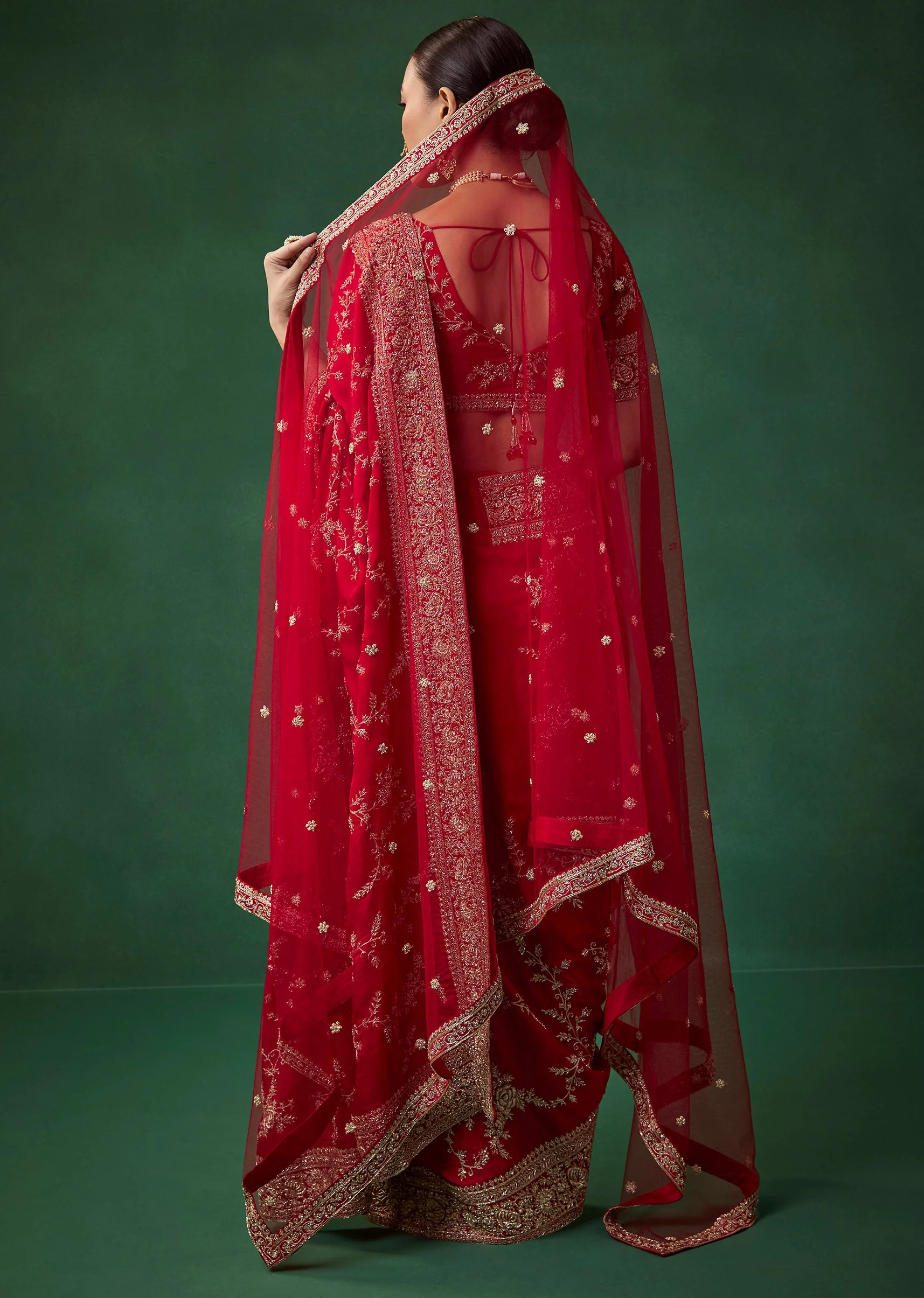 Red Bridal Soft Silk Embroidered Saree with Unstitched Blouse - Image 4